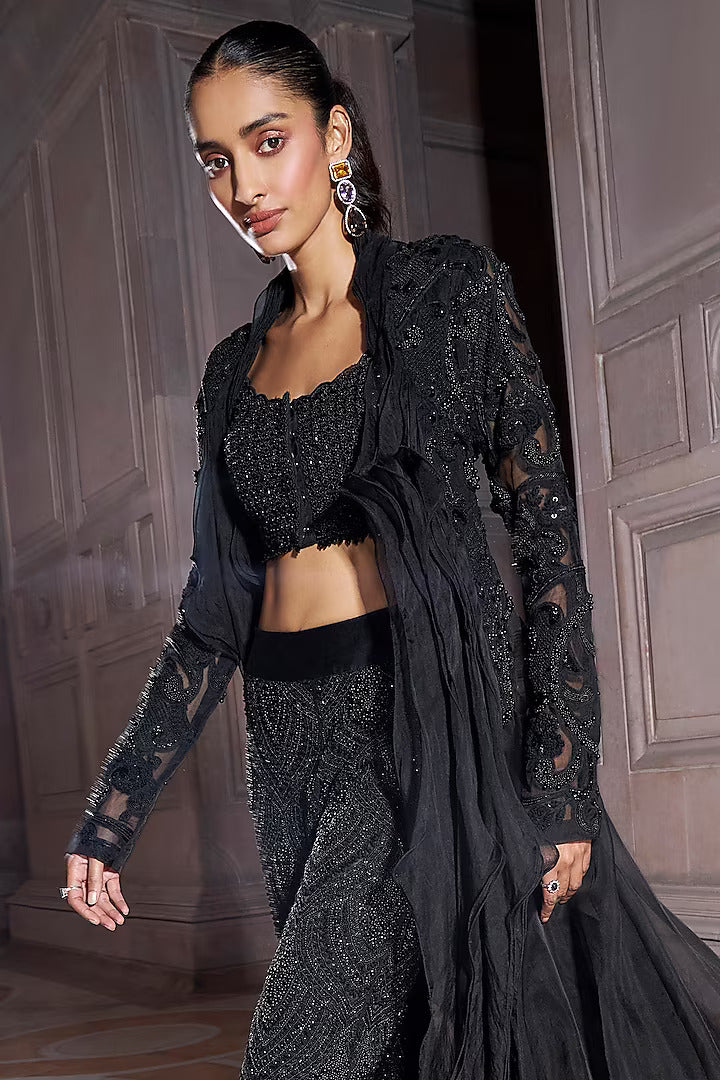 Black Zorah Pure Organza Jacket Set