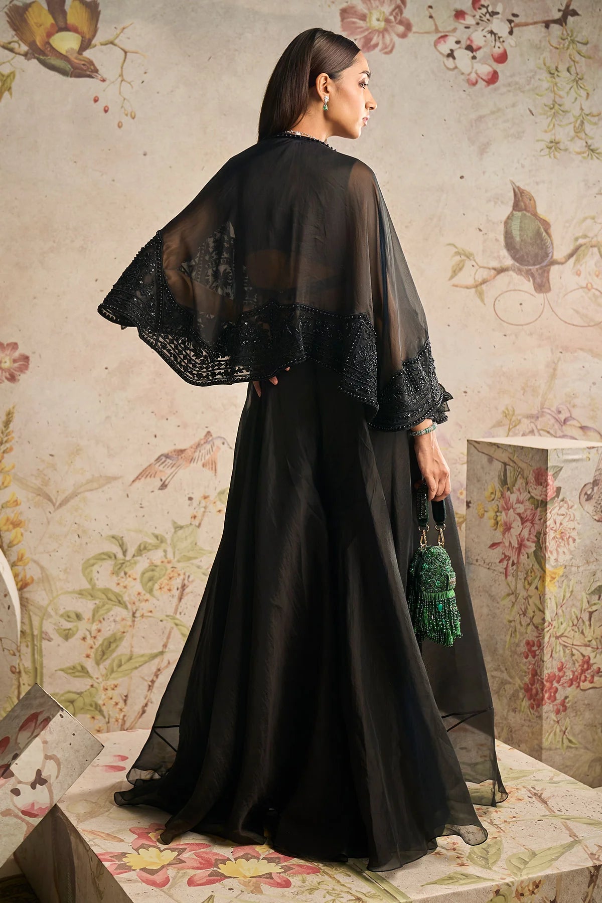 Black Heavily Embroidered Organza Sharara Set