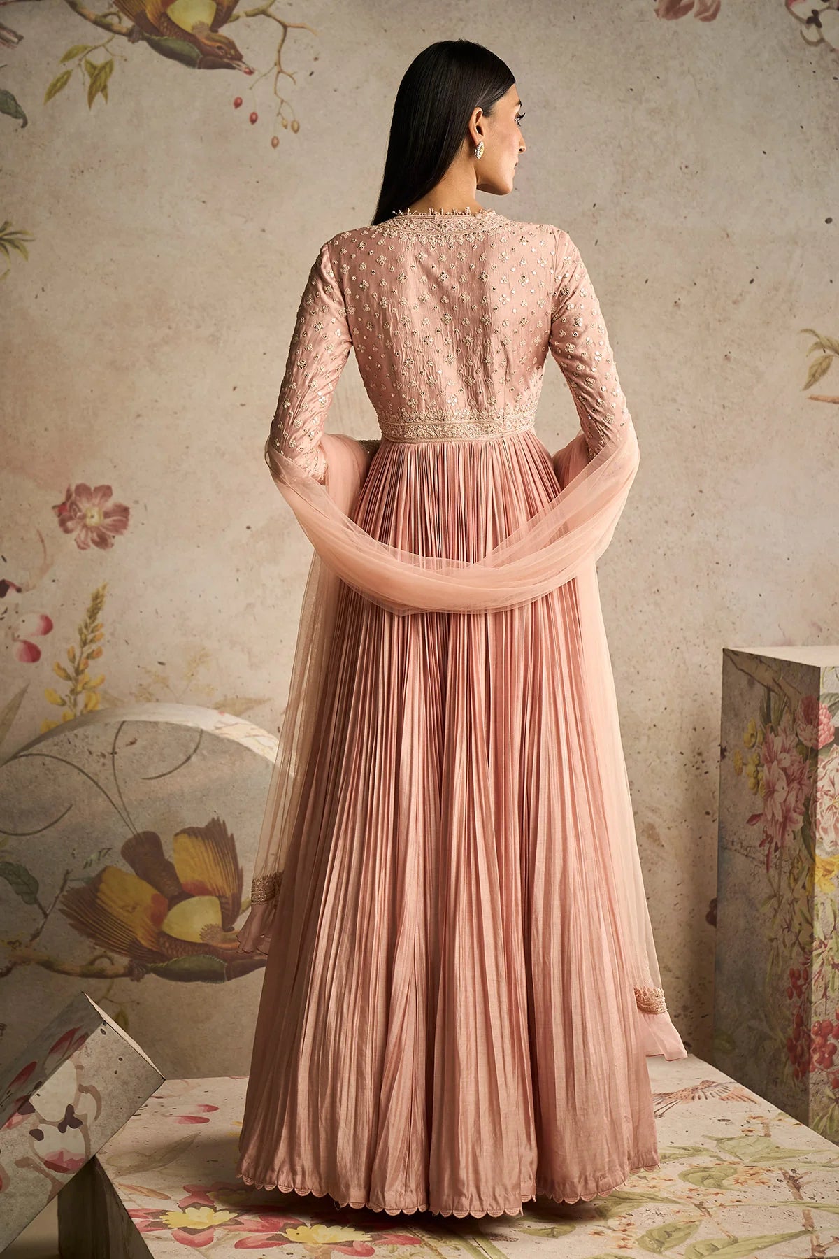Dusky Pink Fine Silk Embroidered Long Anarkali Set