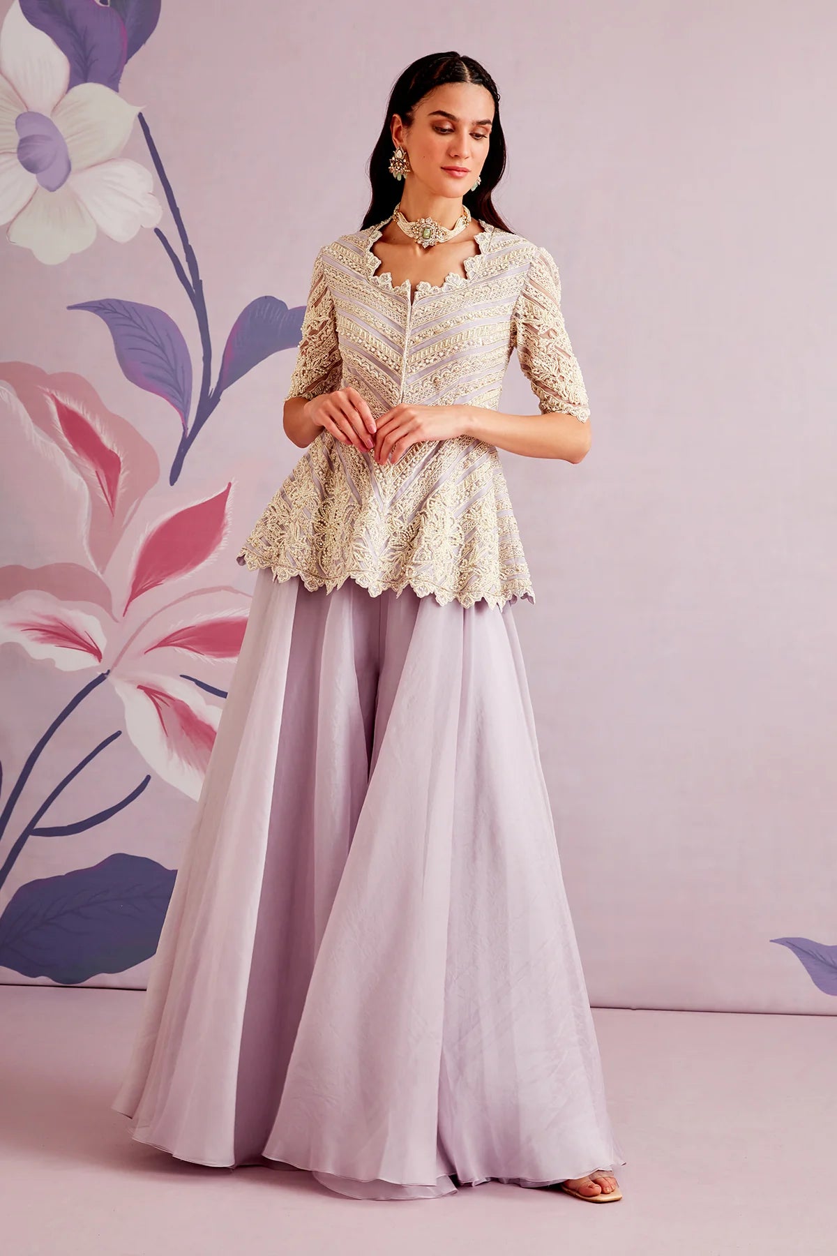 Lilac Embroidered Pelpum Top With Organza Garara