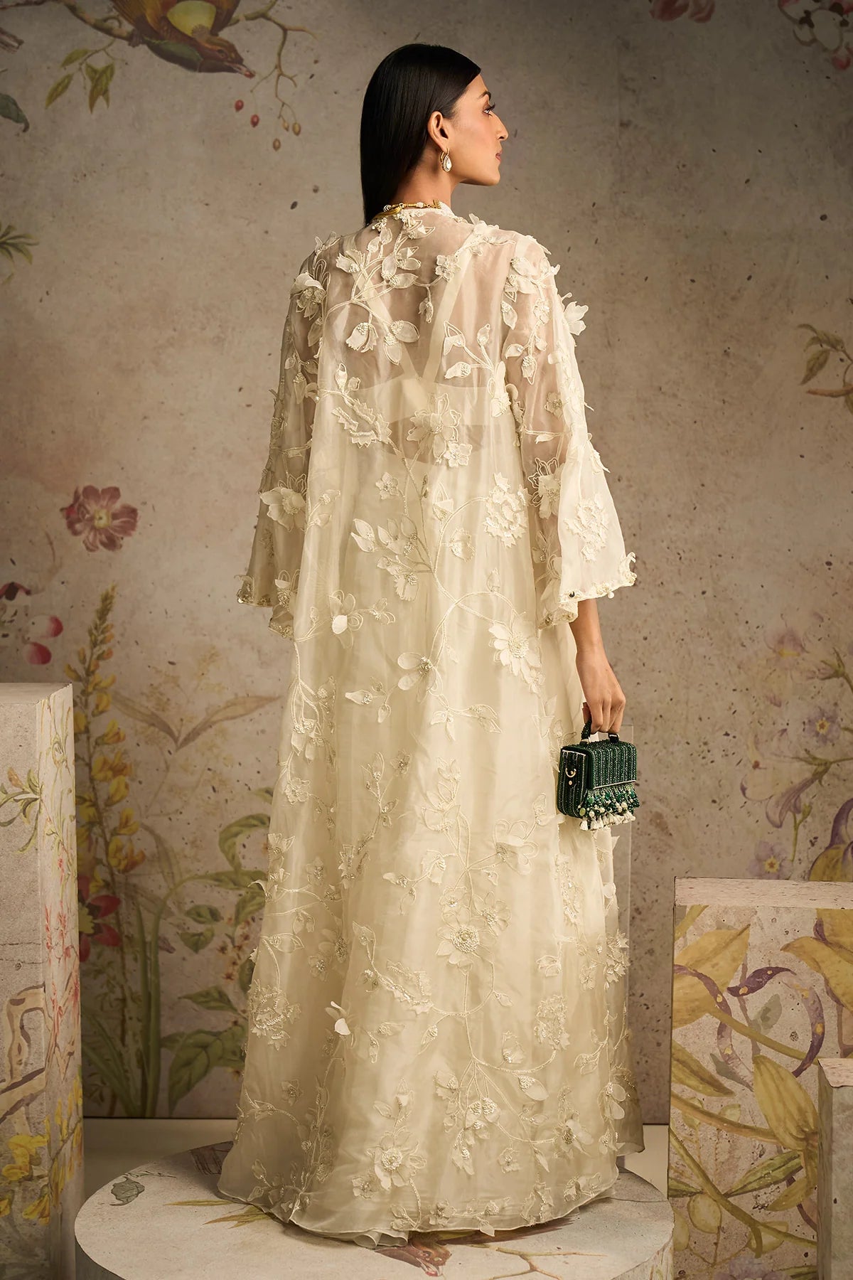 Ivory Georgette Blouse and Flared Pants Paired with Long Jacket