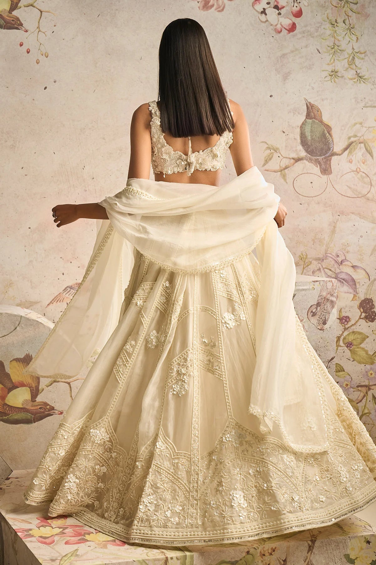 Ivory Net Organza Placement Embroidered Lehenga