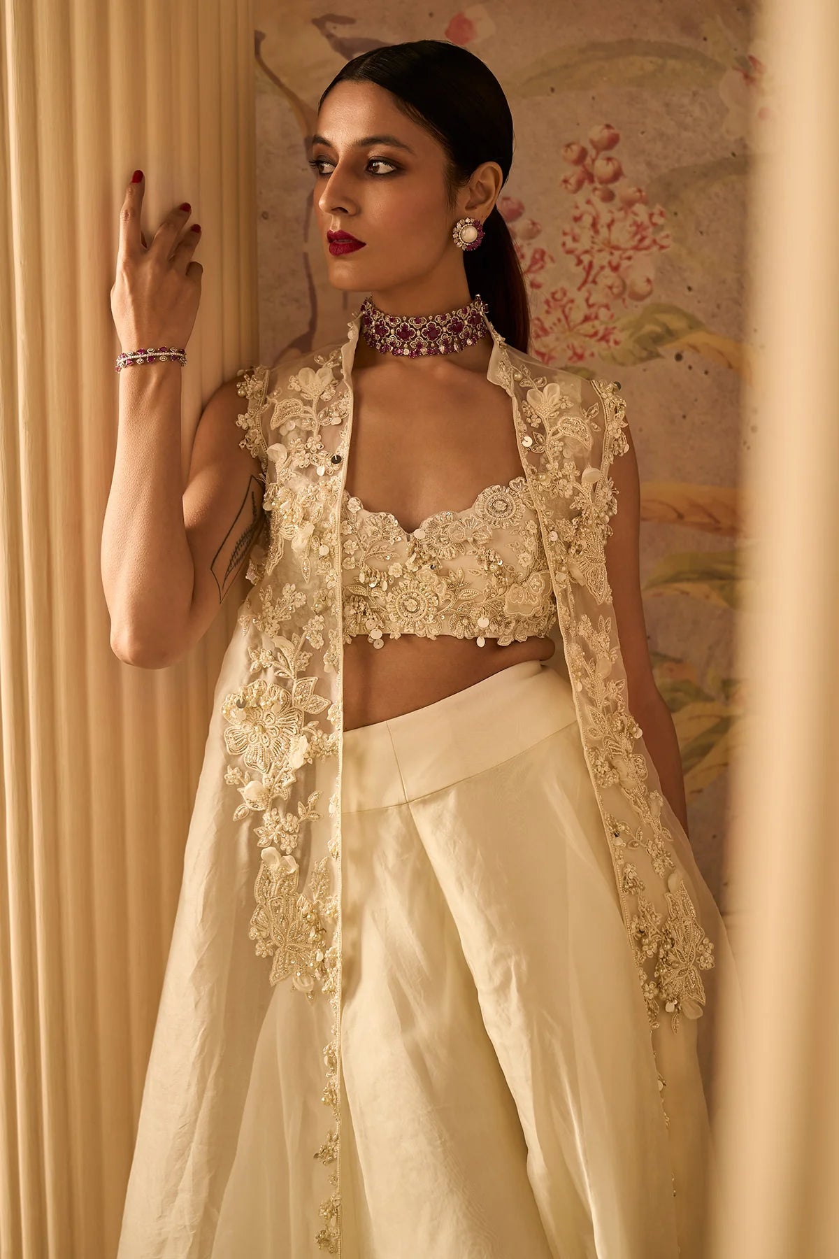 Ivory Pearl Embroidered Blouse Paired With Organza Sharara with Jacket