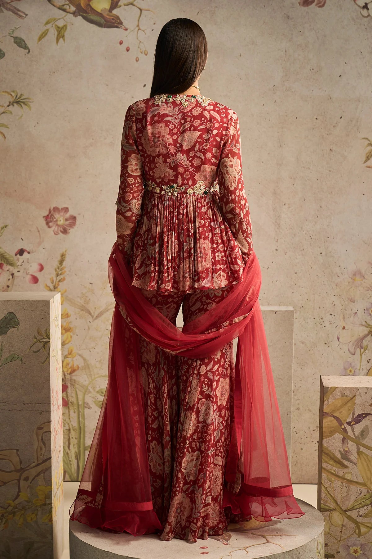 Red Printed Chiffon Peplum Paired With Printed Chiffon Gharara