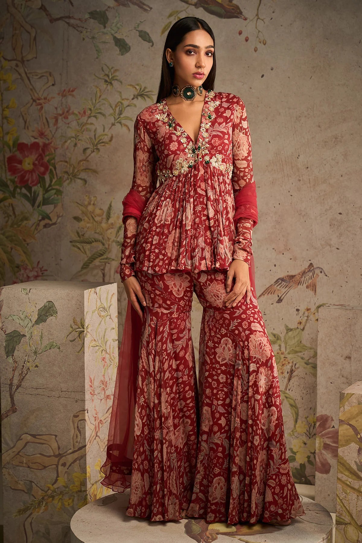Red Printed Chiffon Peplum Paired With Printed Chiffon Gharara