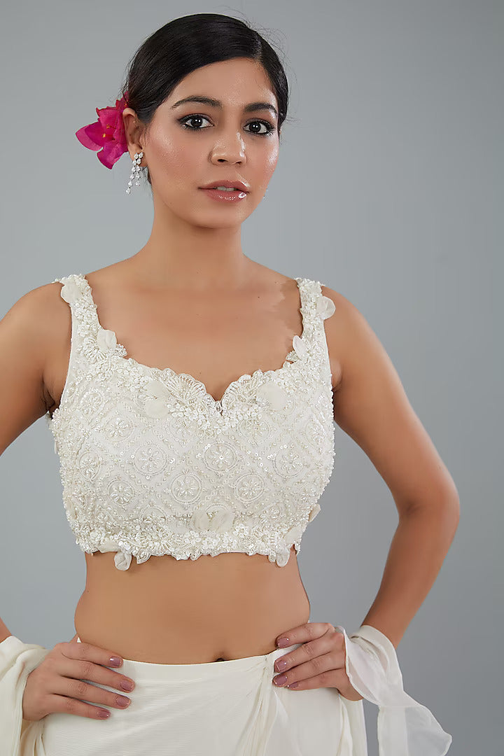 Ivory Chiffon Draped Saree Set