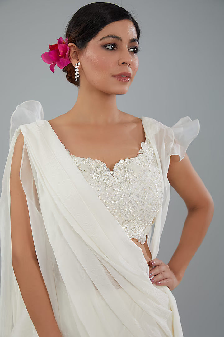 Ivory Chiffon Draped Saree Set