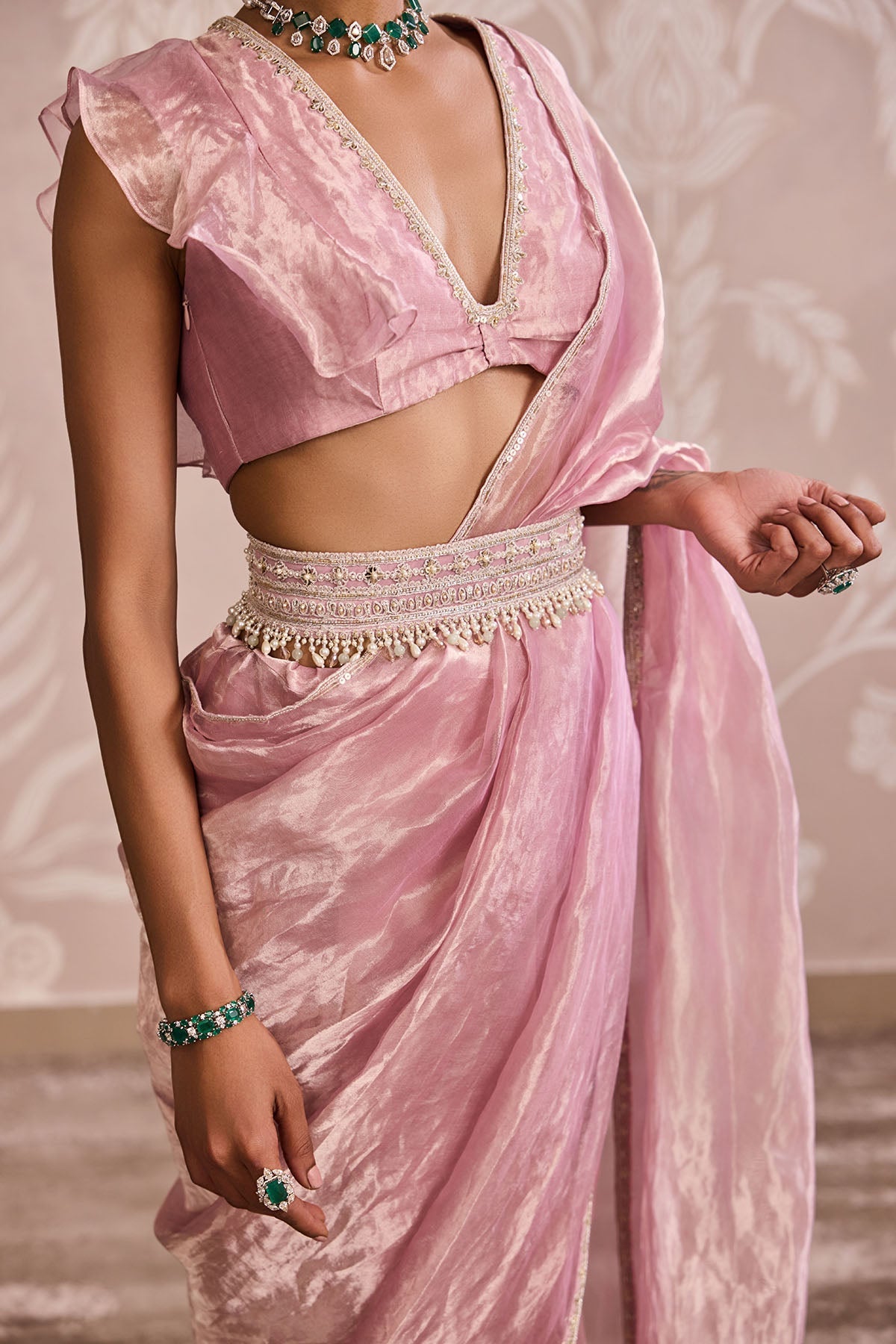 Luxurious Quartz Saree Set: Embroidered Tissue Blouse, Flat Saree, Crepe Petticoat