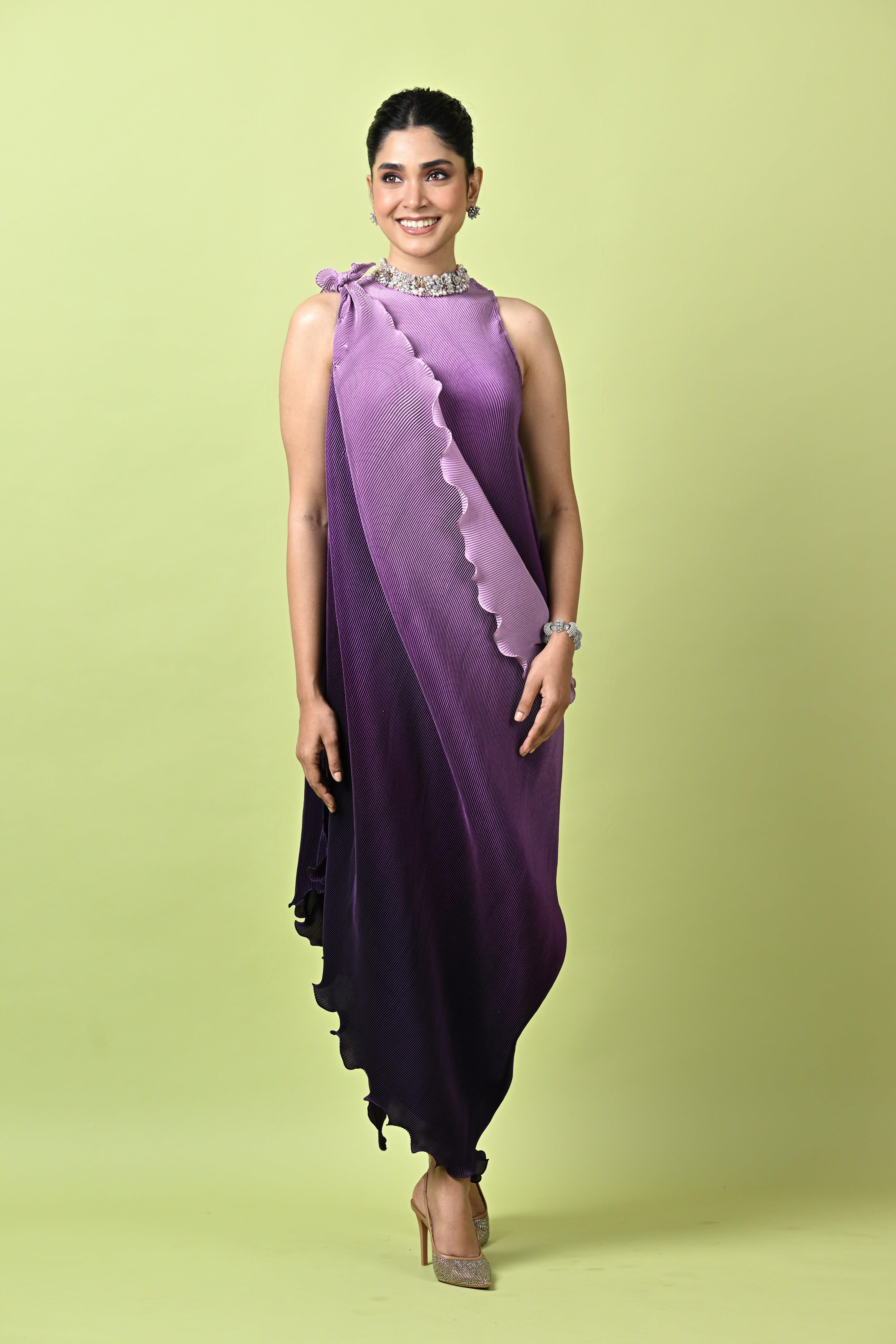 Lavender and purple ombre'd pleated dress with collar detail and drape