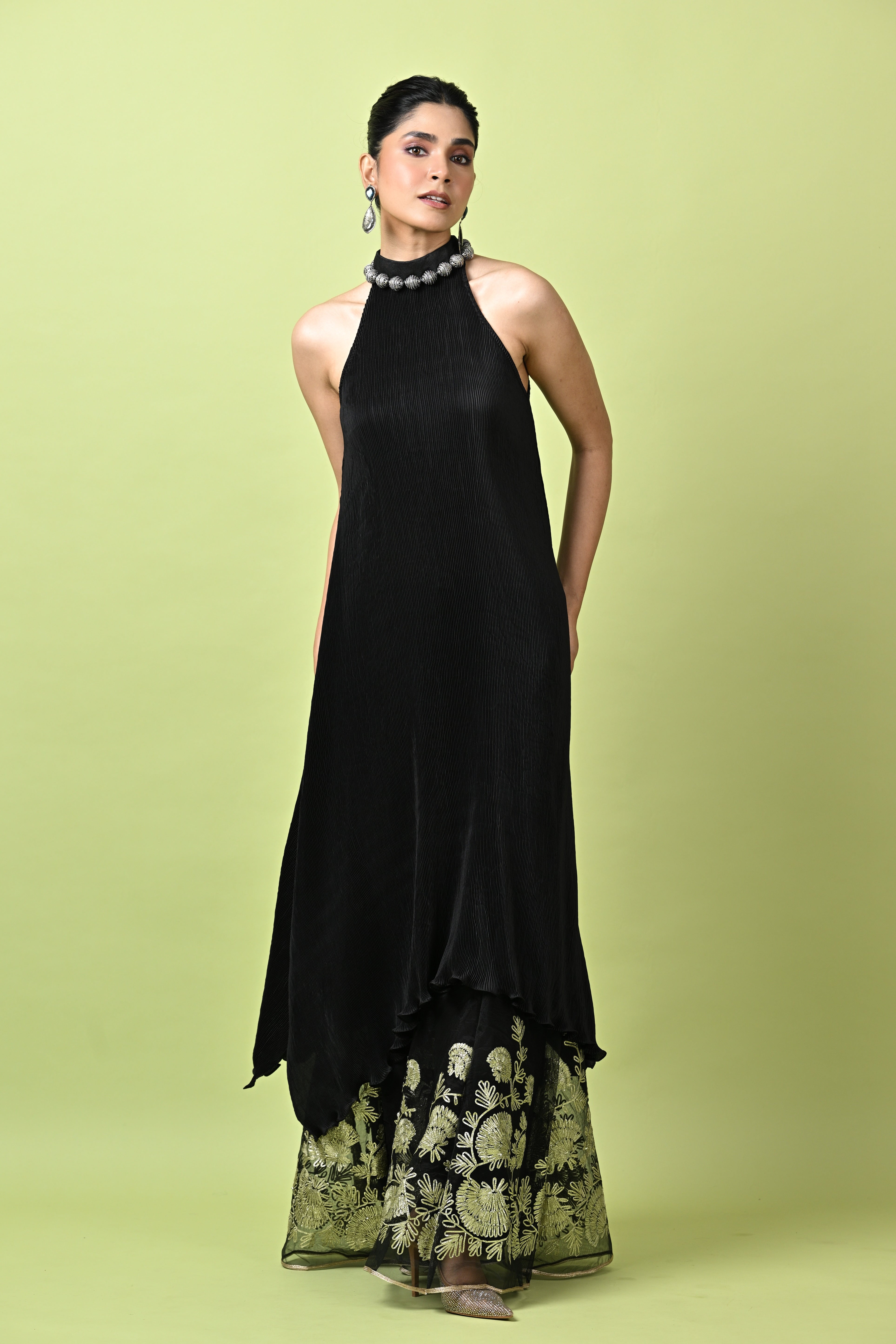 Black pleated cutaway dress with collar detail