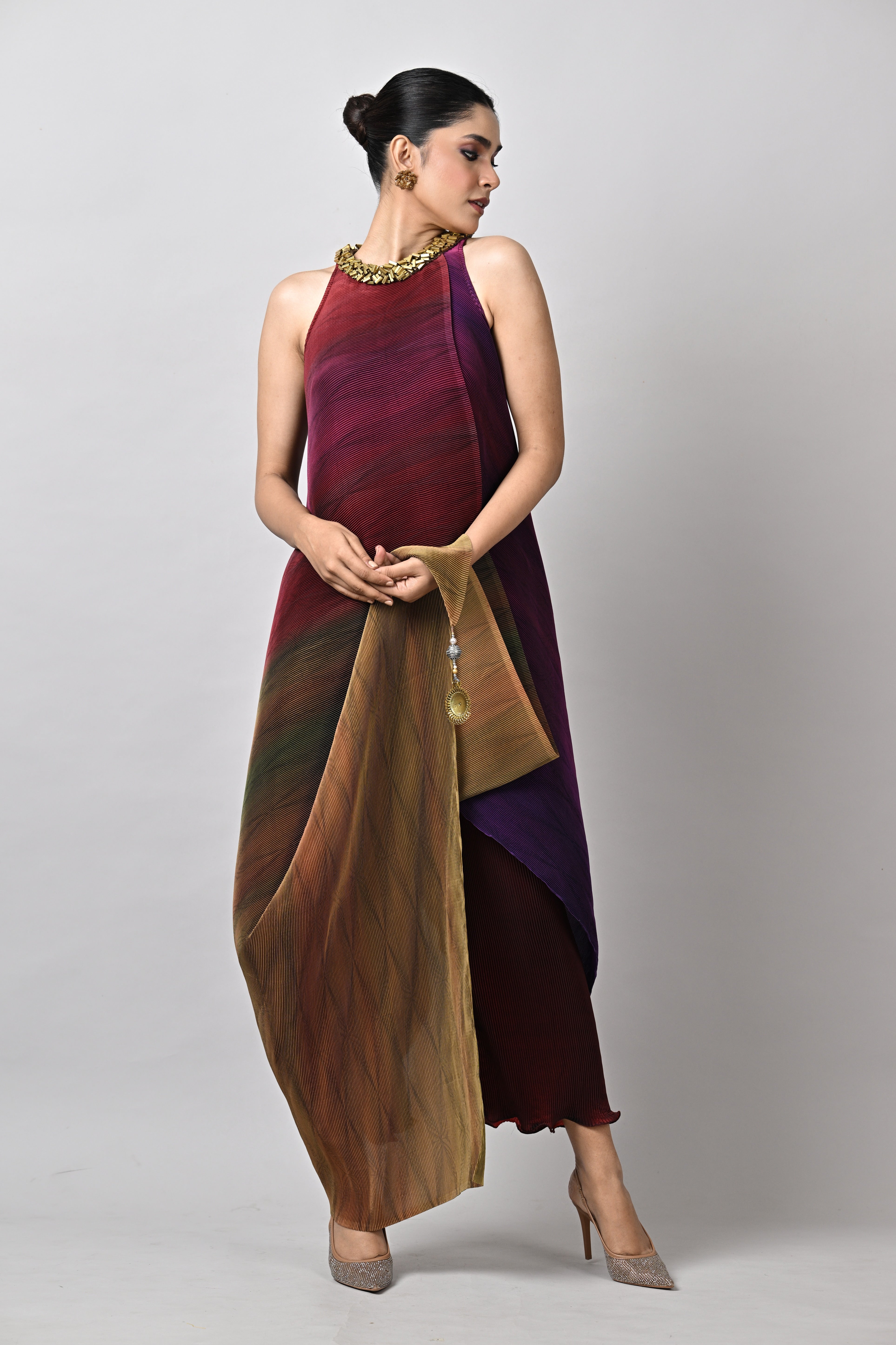 The Prism printed ombre'd pleated wrap with hand embroidery and tassel detail