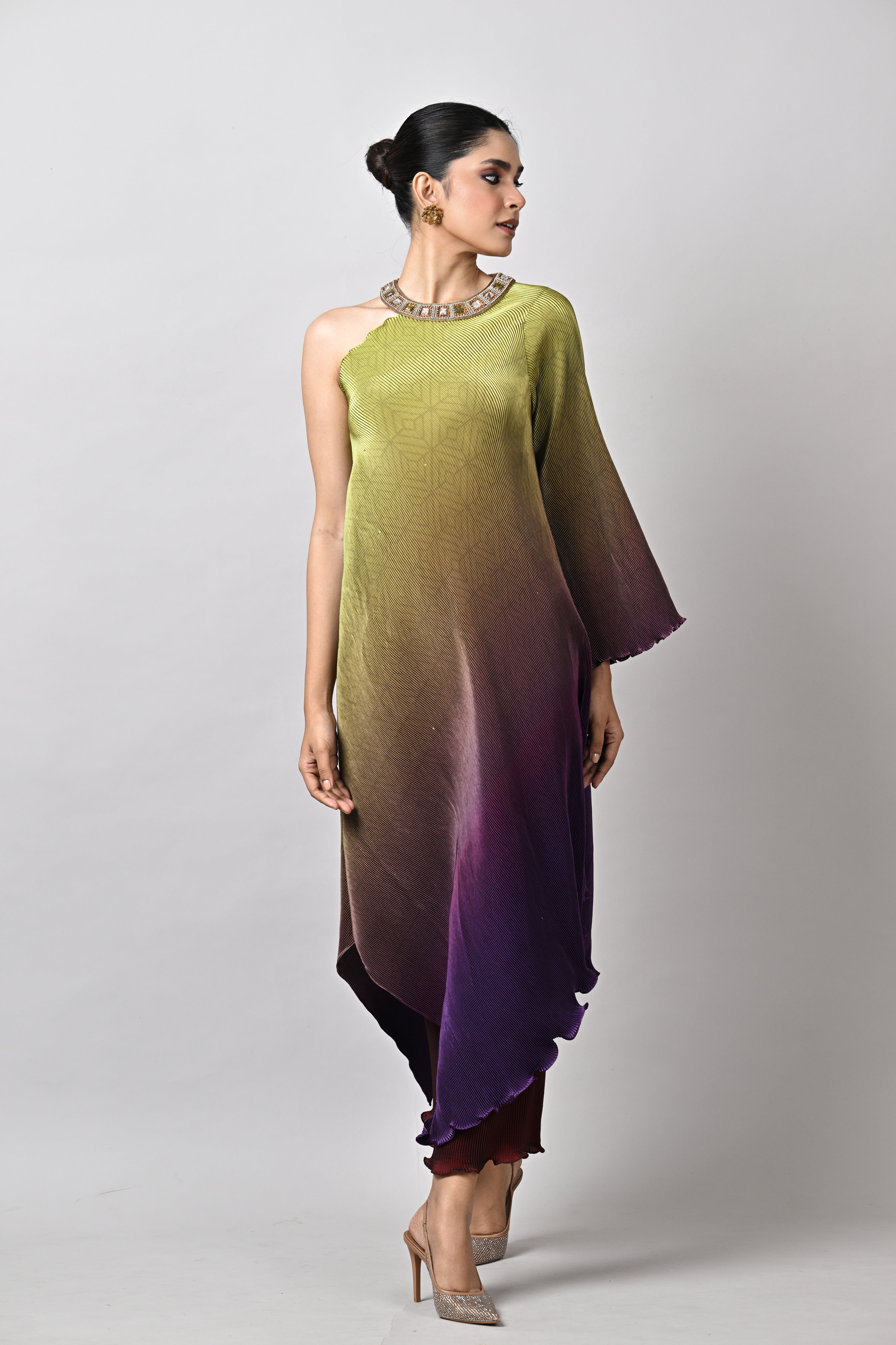 Lime into purple ombre'd pleated one shoulder dress w/hand embroidery with one sleeve