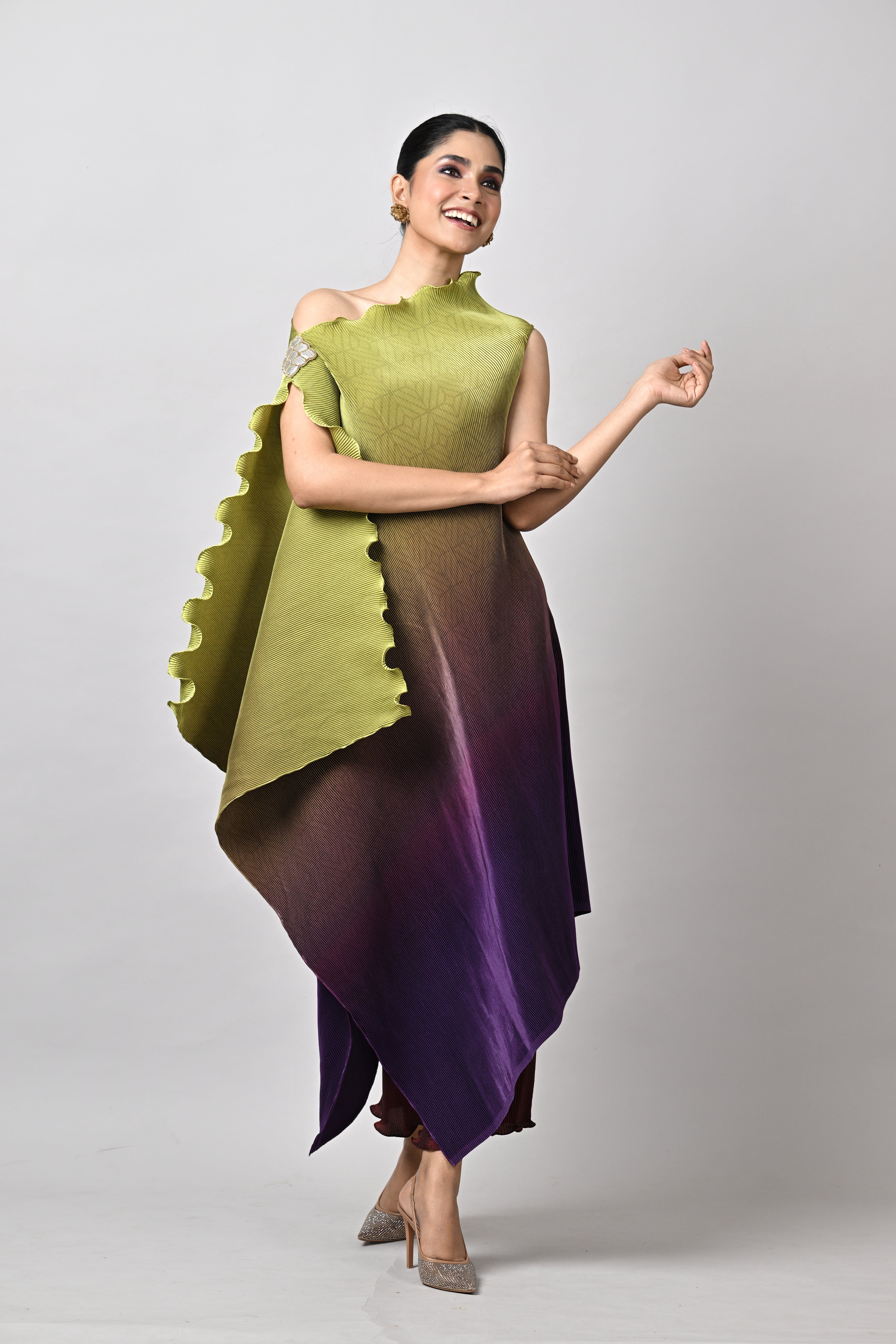 Lime into purple ombre'd pleated drape with hand embroidered motif detail