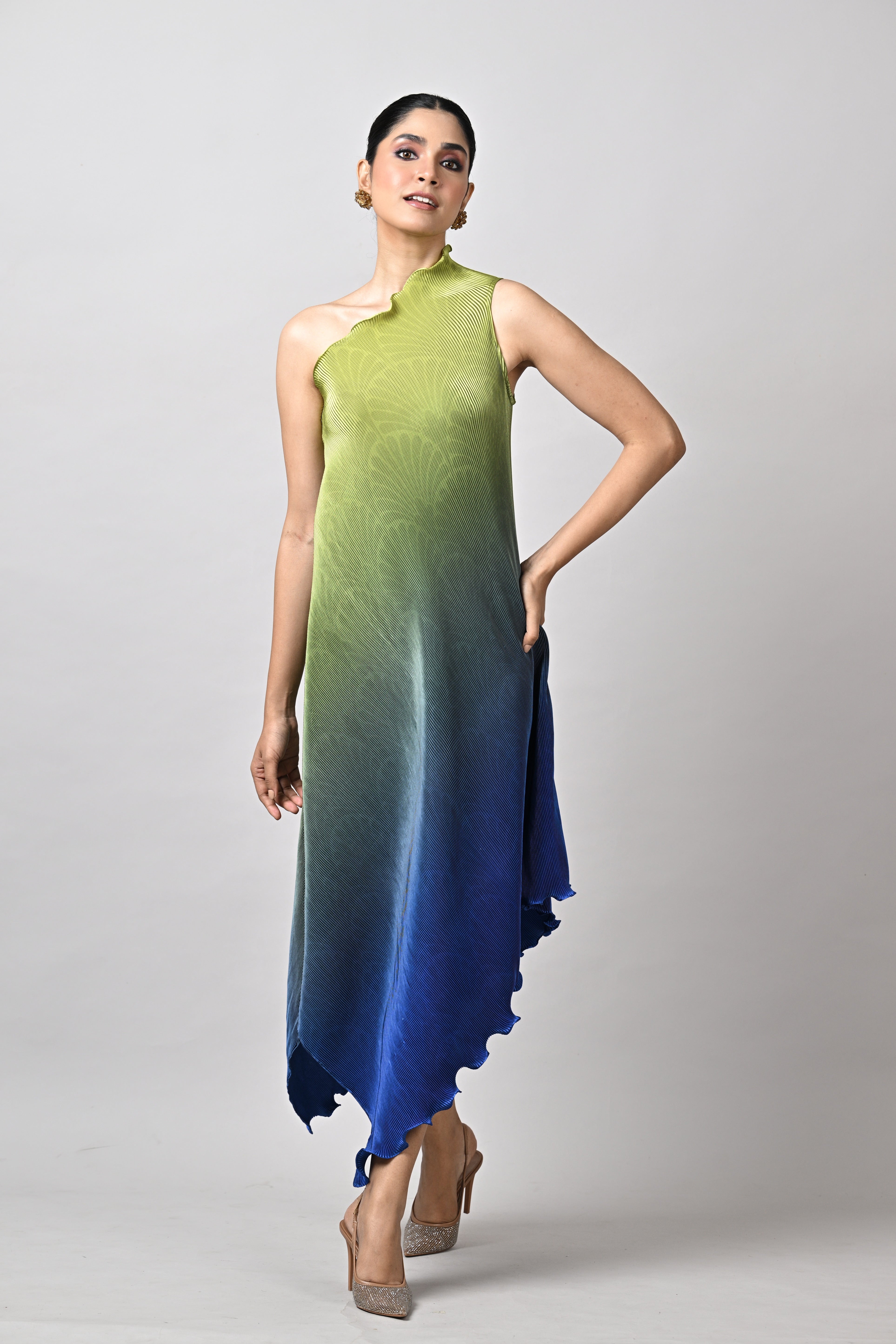 Lime and indigo ombre'd pleated one shoulder dress