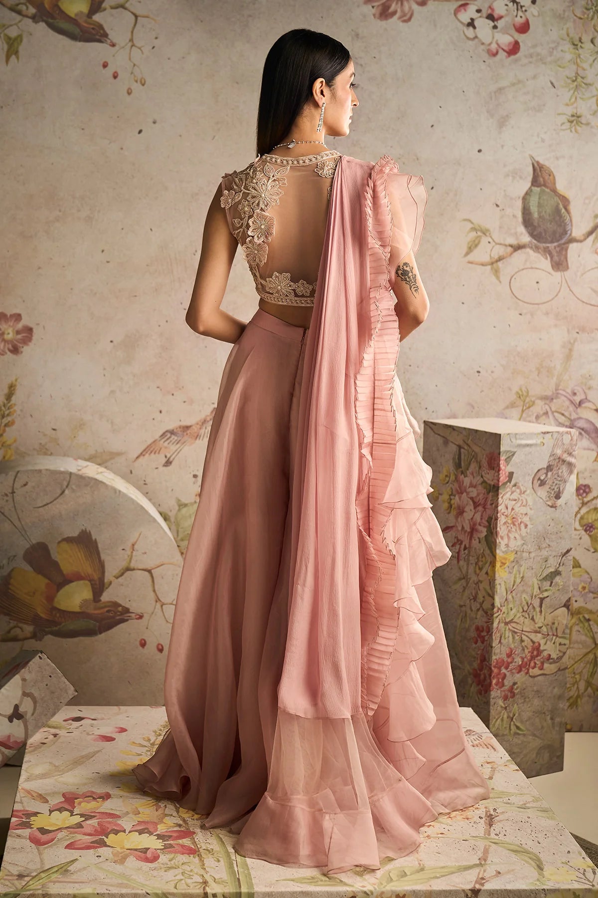 Dusky Pink Net Embroidered Blouse With Organza Sharara