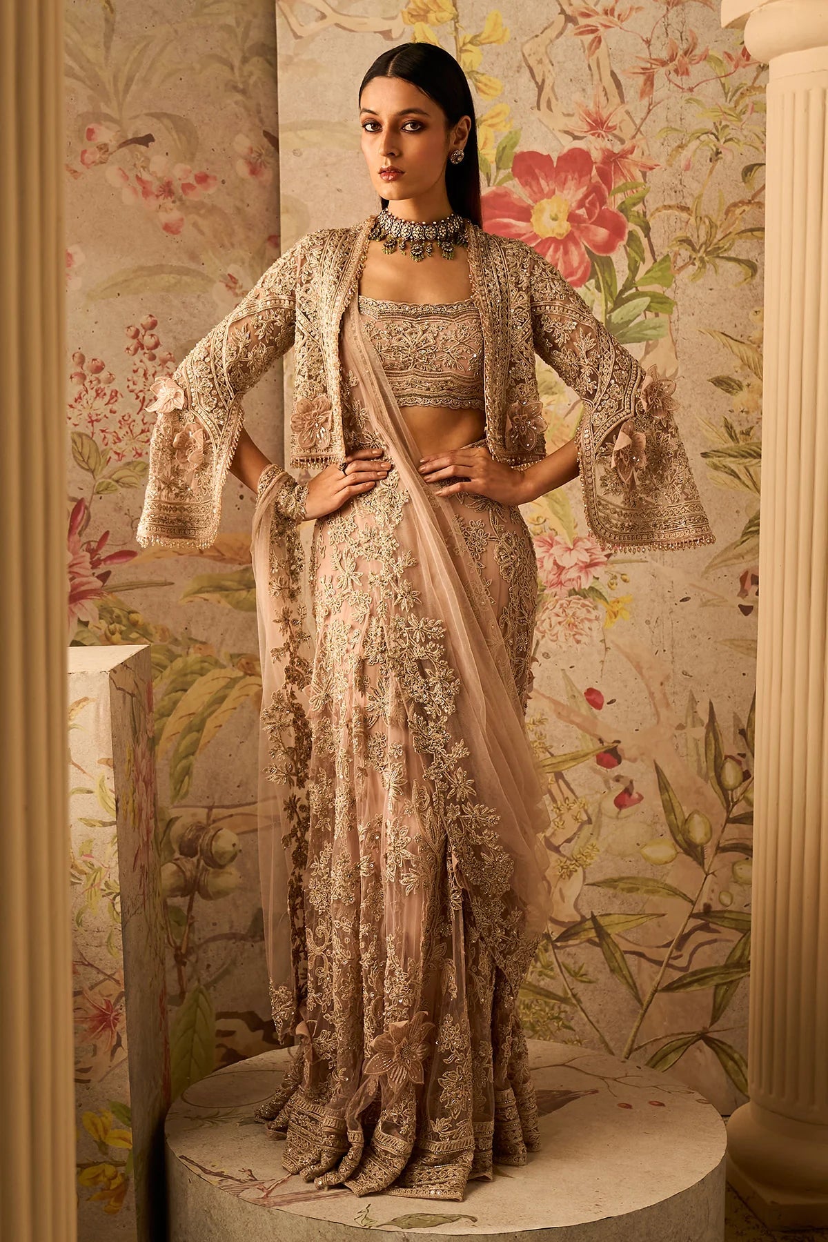 Dusky Pink Embroidered Lehenga with Full Sleeves Jacket