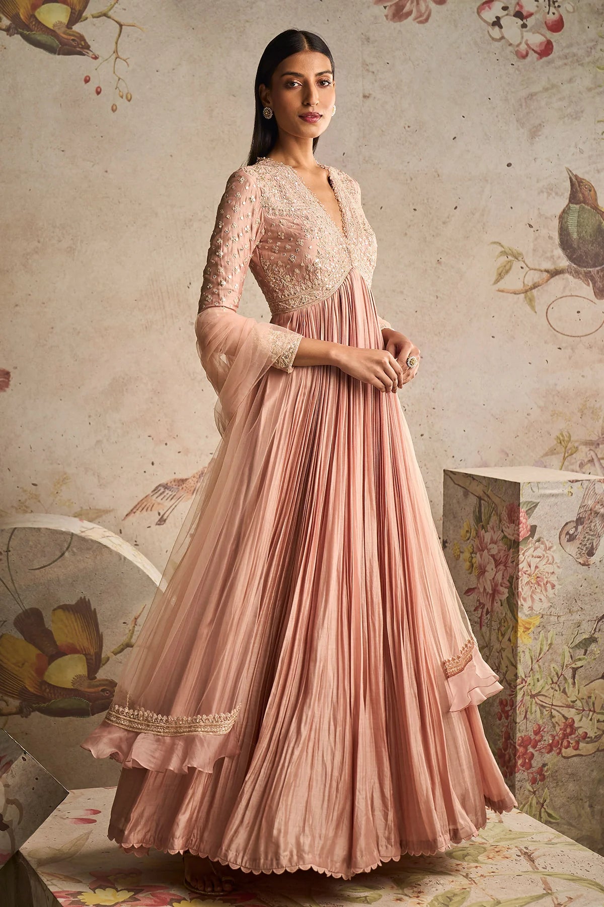 Dusky Pink Fine Silk Embroidered Long Anarkali Set