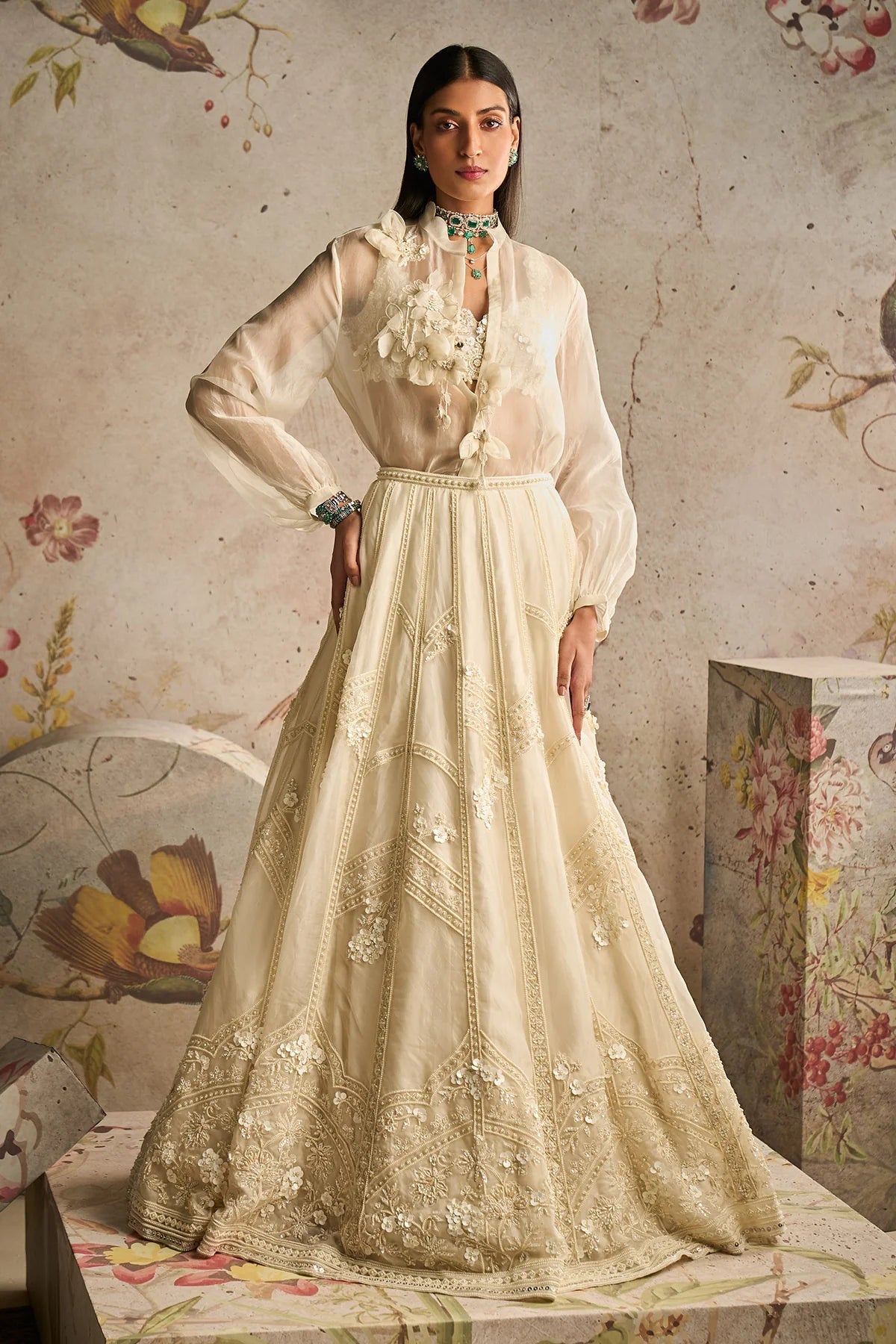 Ivory Net Embroidered Lehenga