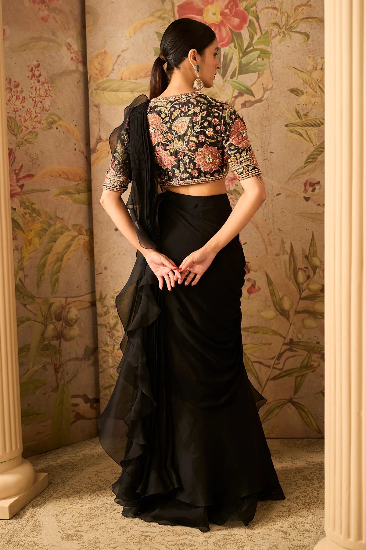 Black Raw Silk Embroidered Blouse With Chiffon Drape Saree