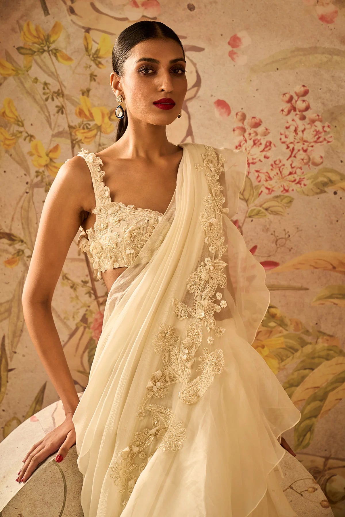Ivory Net Embroidered Blouse and Chiffon Draped Saree