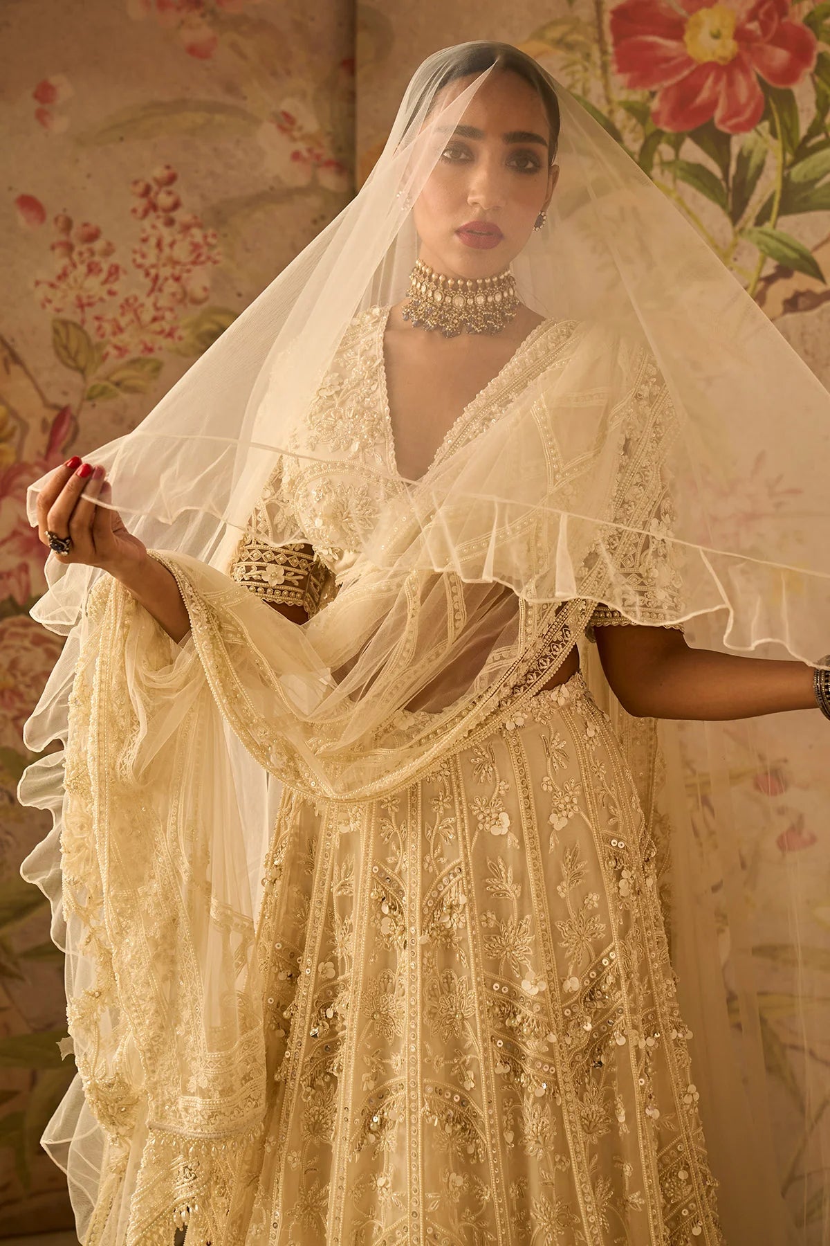 Ivory Organza Heavy Embroidered Lehenga