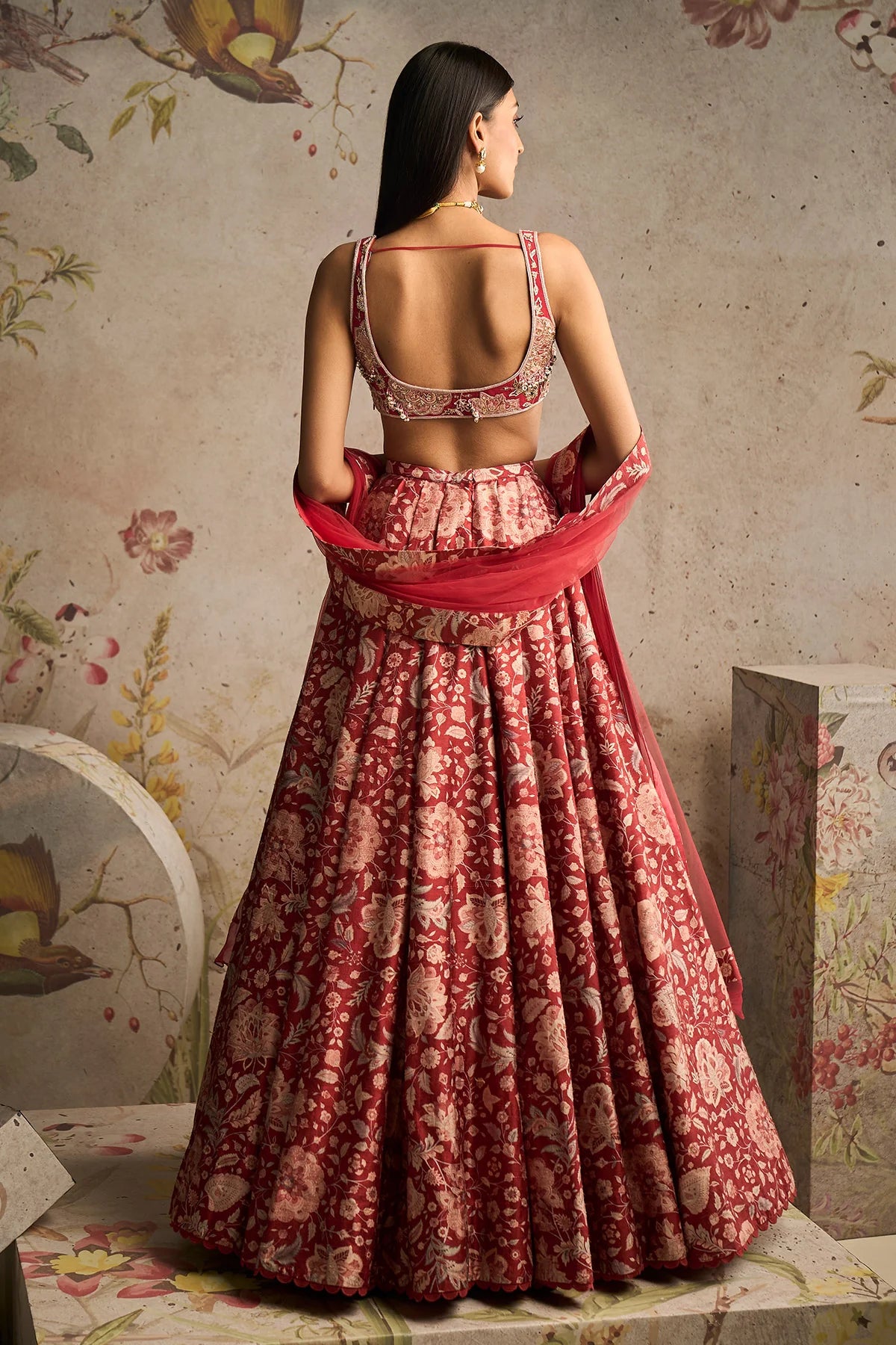 Red Raw Silk Printed Lehenga Set