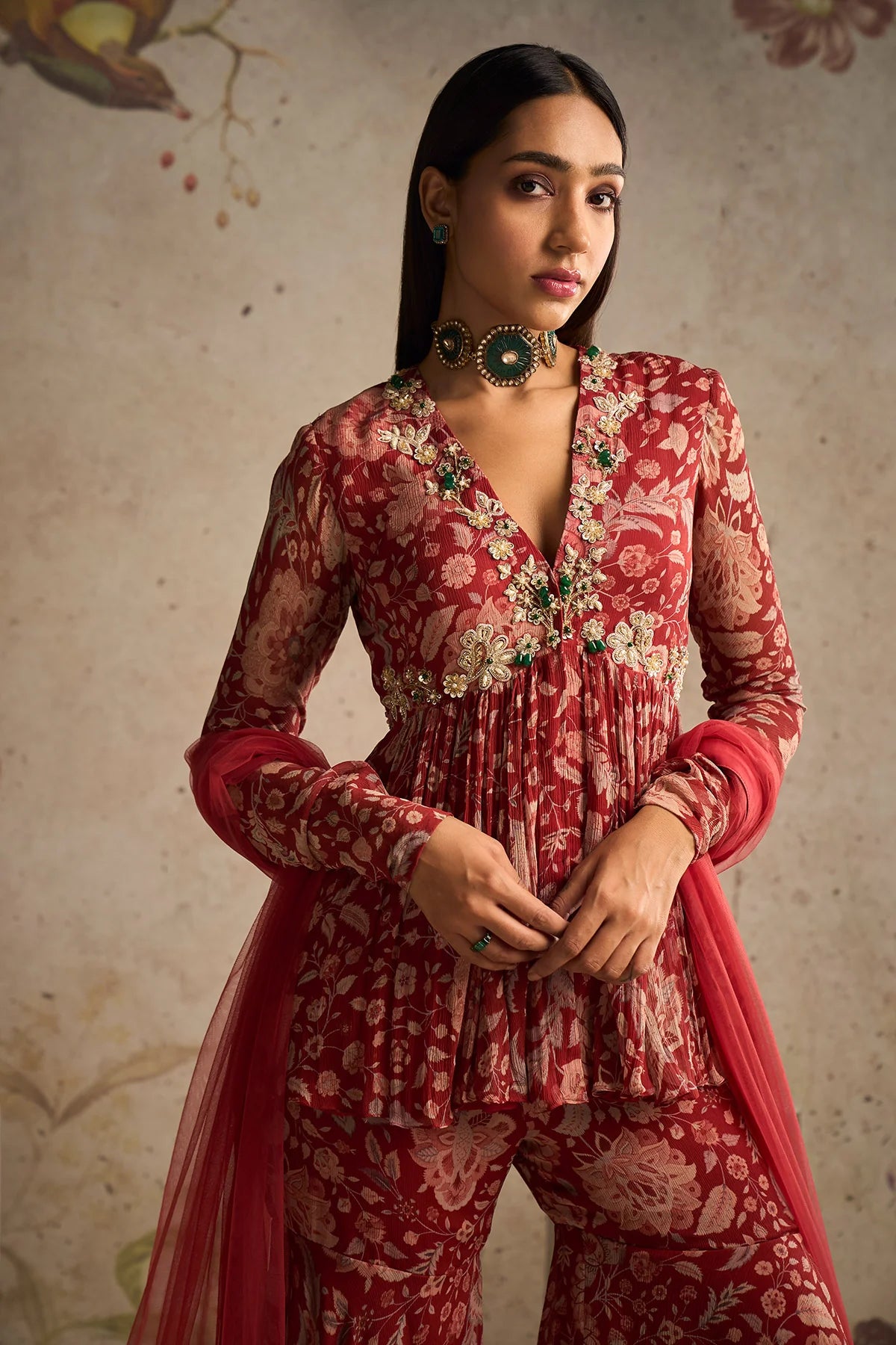 Red Printed Chiffon Peplum Paired With Printed Chiffon Gharara