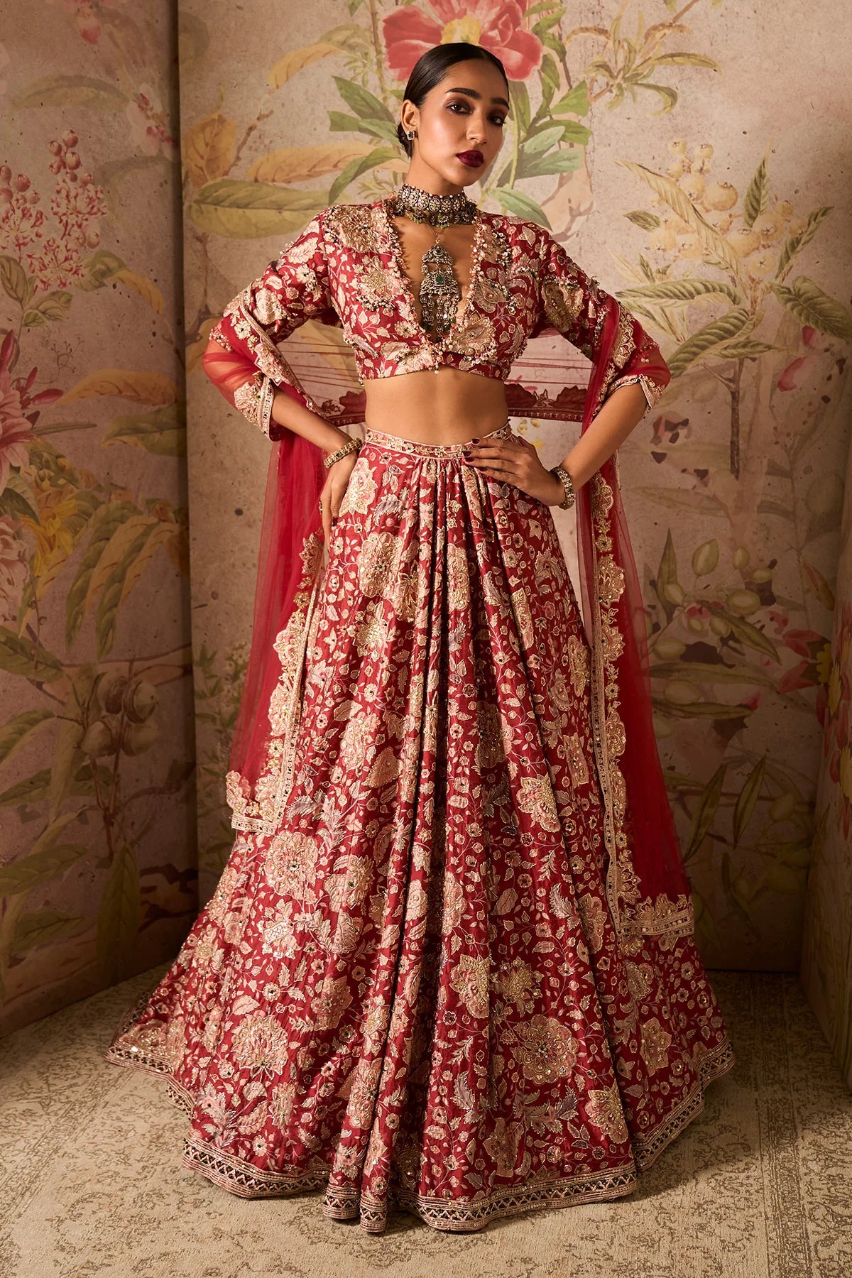 Red Printed Raw Silk Embroidered Lehenga