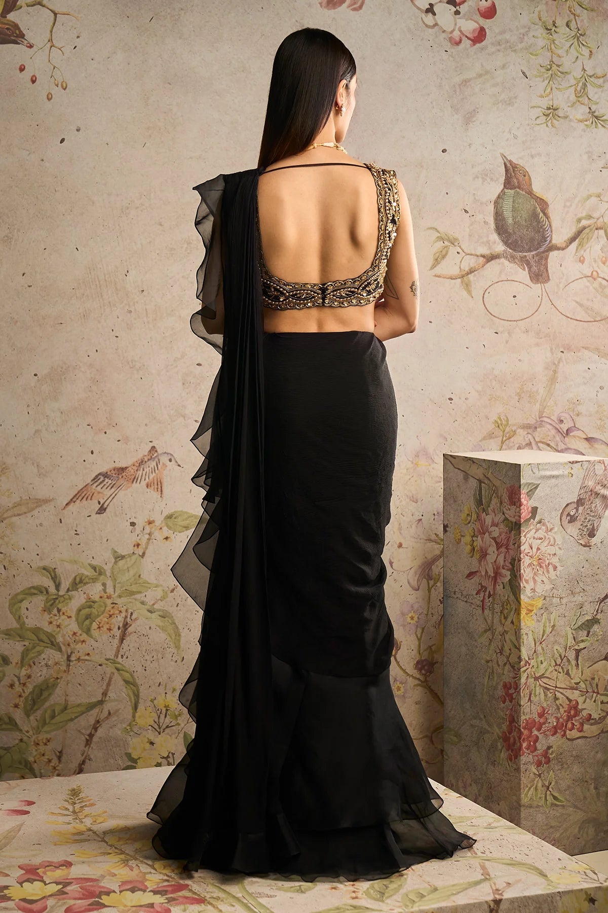 Black Chiffon Draped Frilled Saree Set