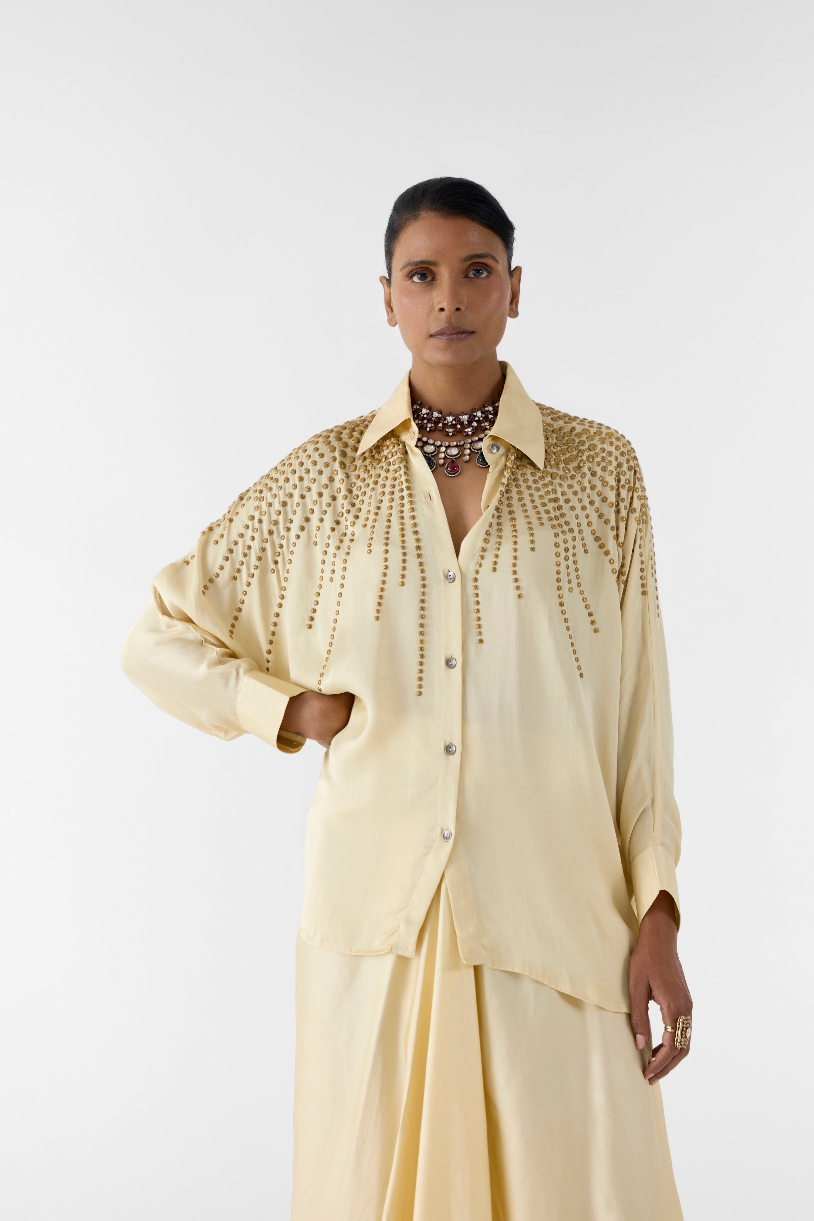 PEARL STUDDED SHIRT AND KNOT SKIRT