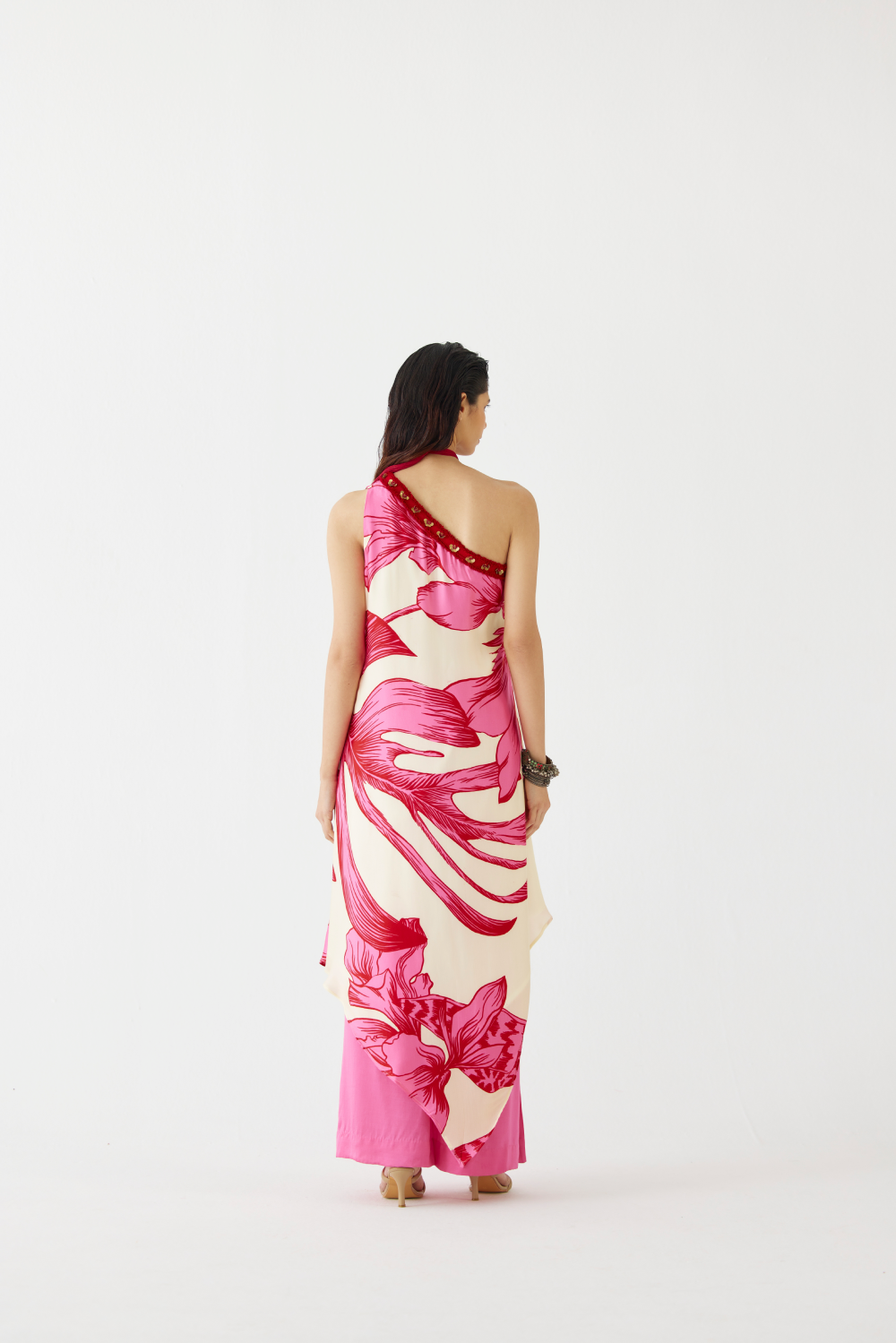 Pink Aphrodite One Shoulder Kurta & Flared Pants Co-Ord