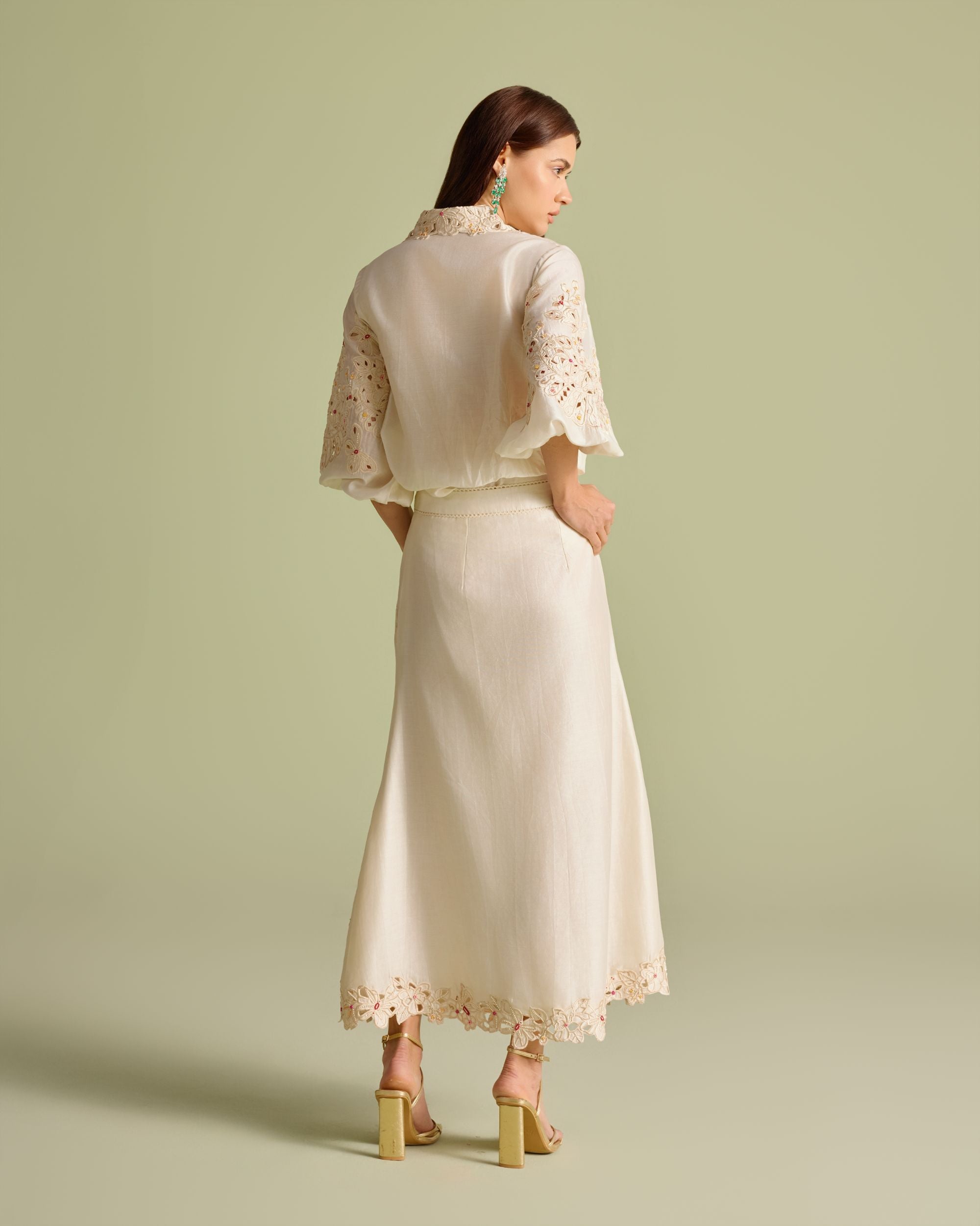 Ivory Floral Mosaic Button Down Skirt