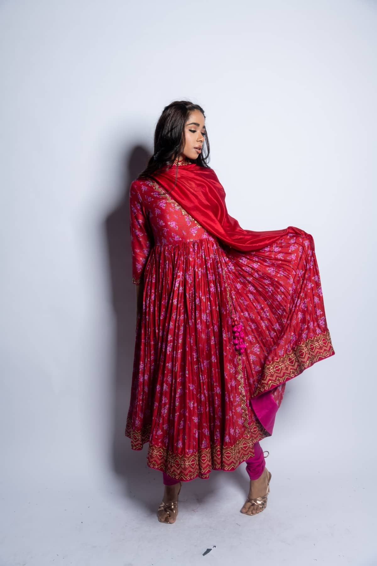 Surkh Laal Floral Anarkali Paired With Dupatta & Churidar