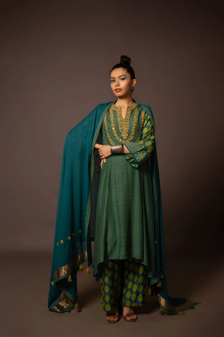 Assymetric Printed Kurta With Handwork