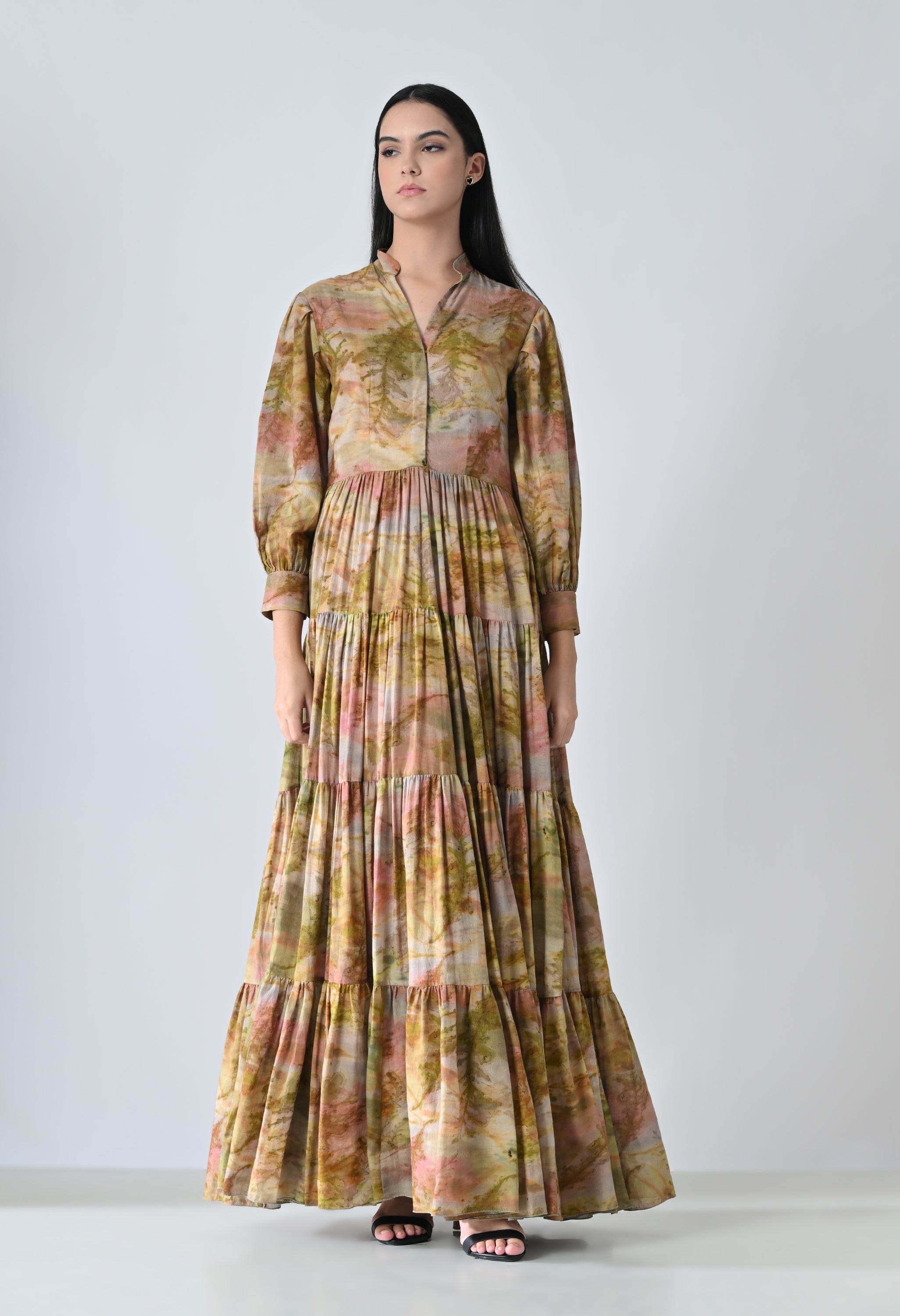 Autumn Biege Bloom Tiered Printed Dress