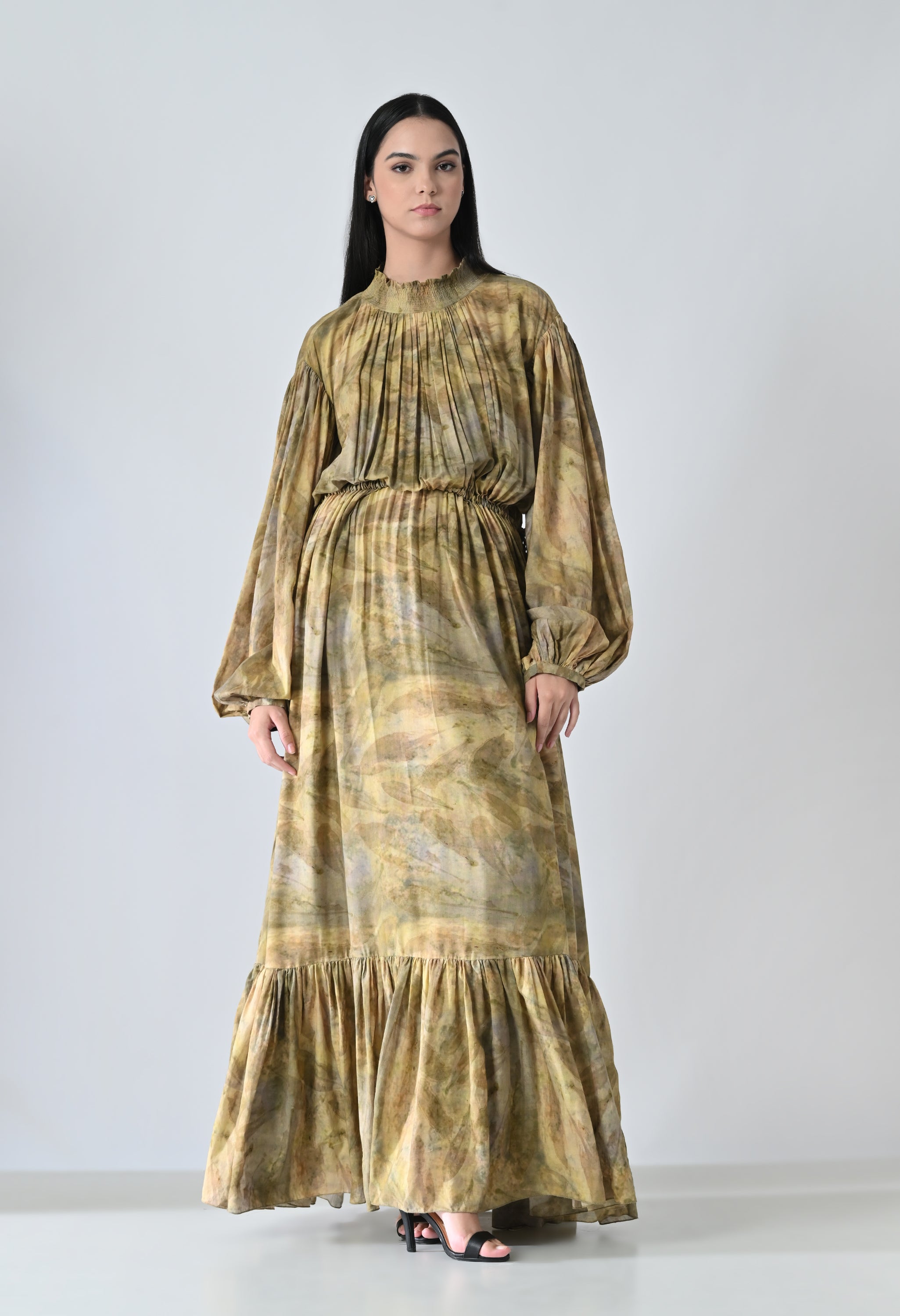Olive Dye Printed Bloom Long Dress