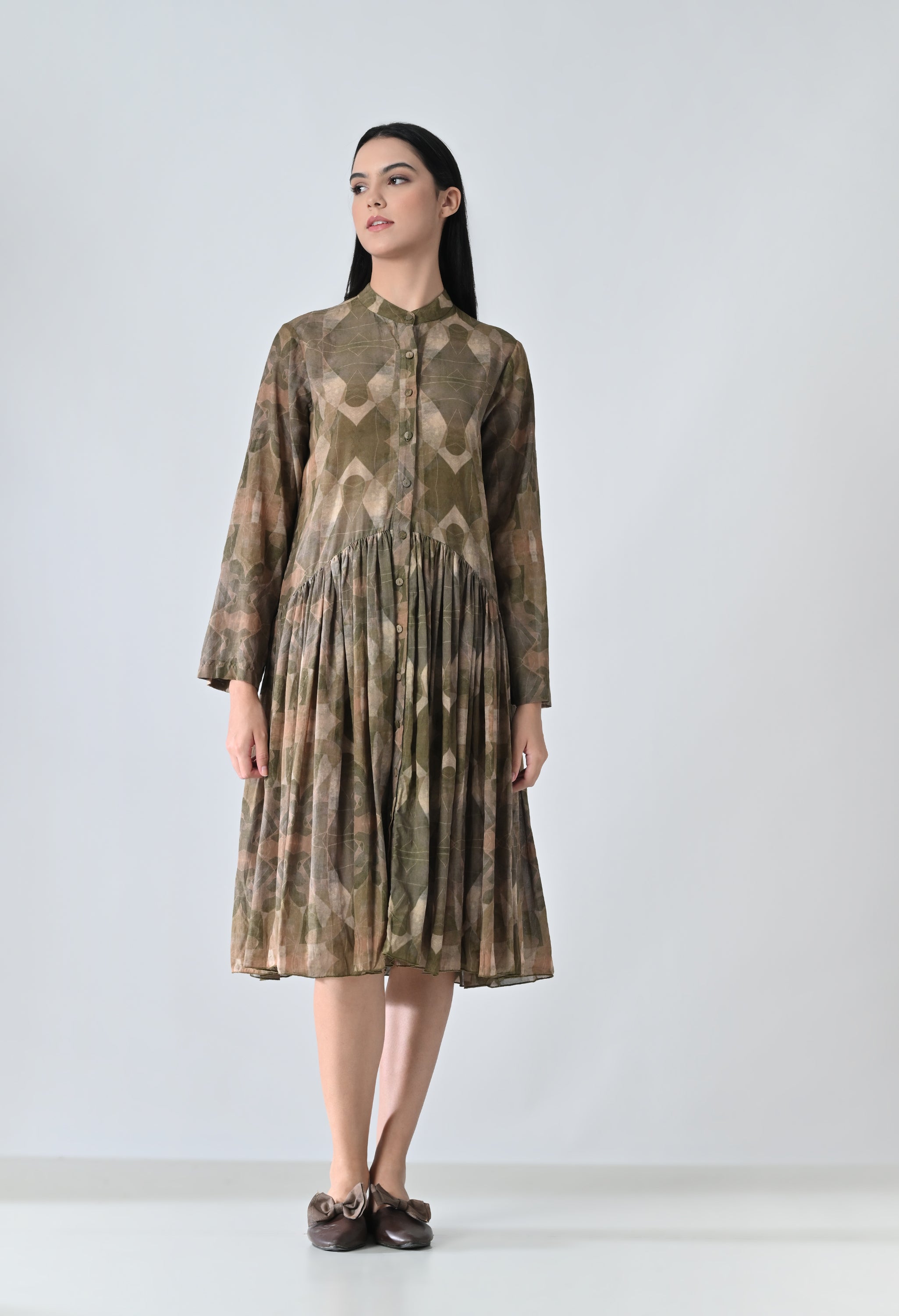 Beige Printed Pleated Dress