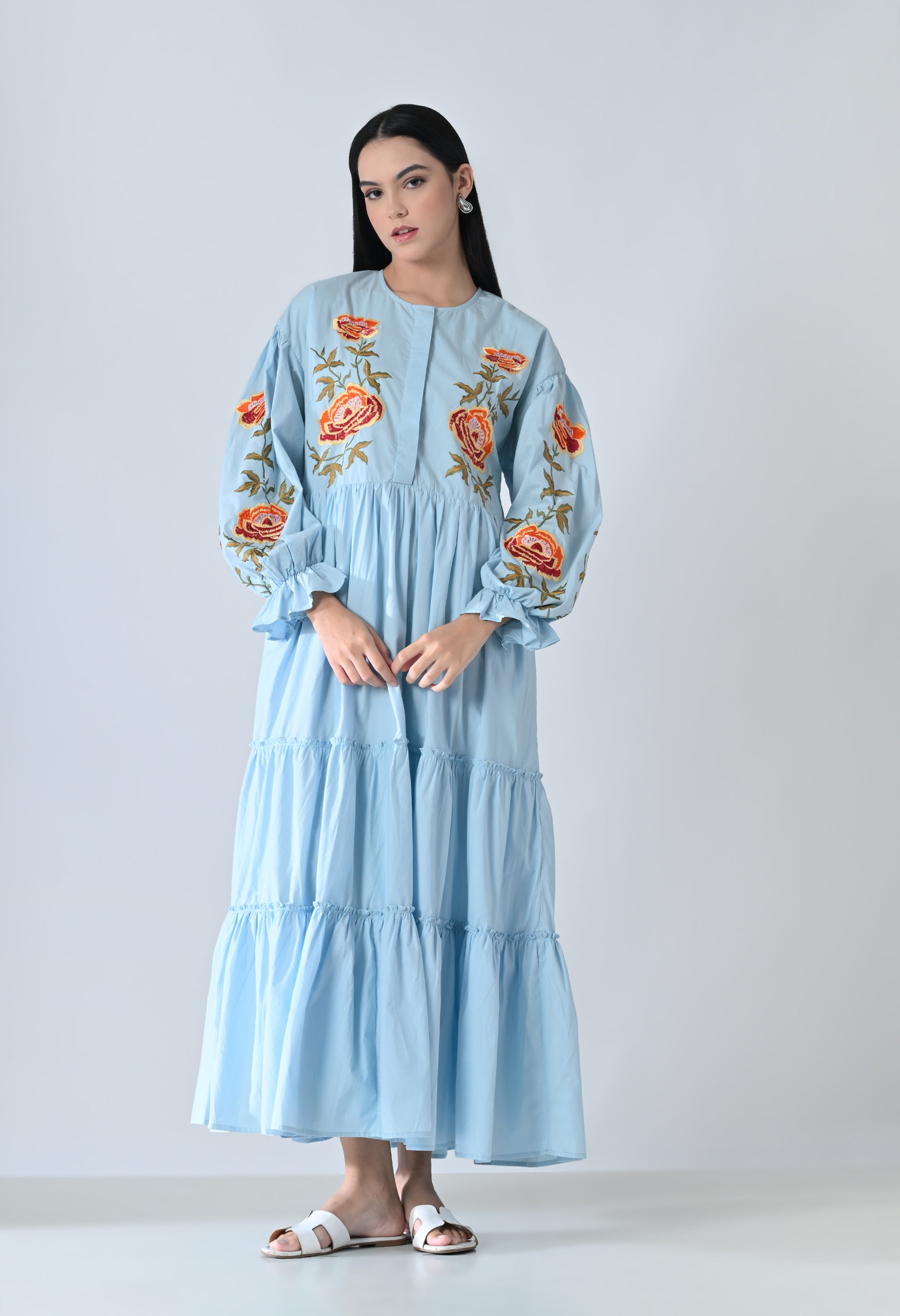 Powder Blue Embroidered Tiered Dress