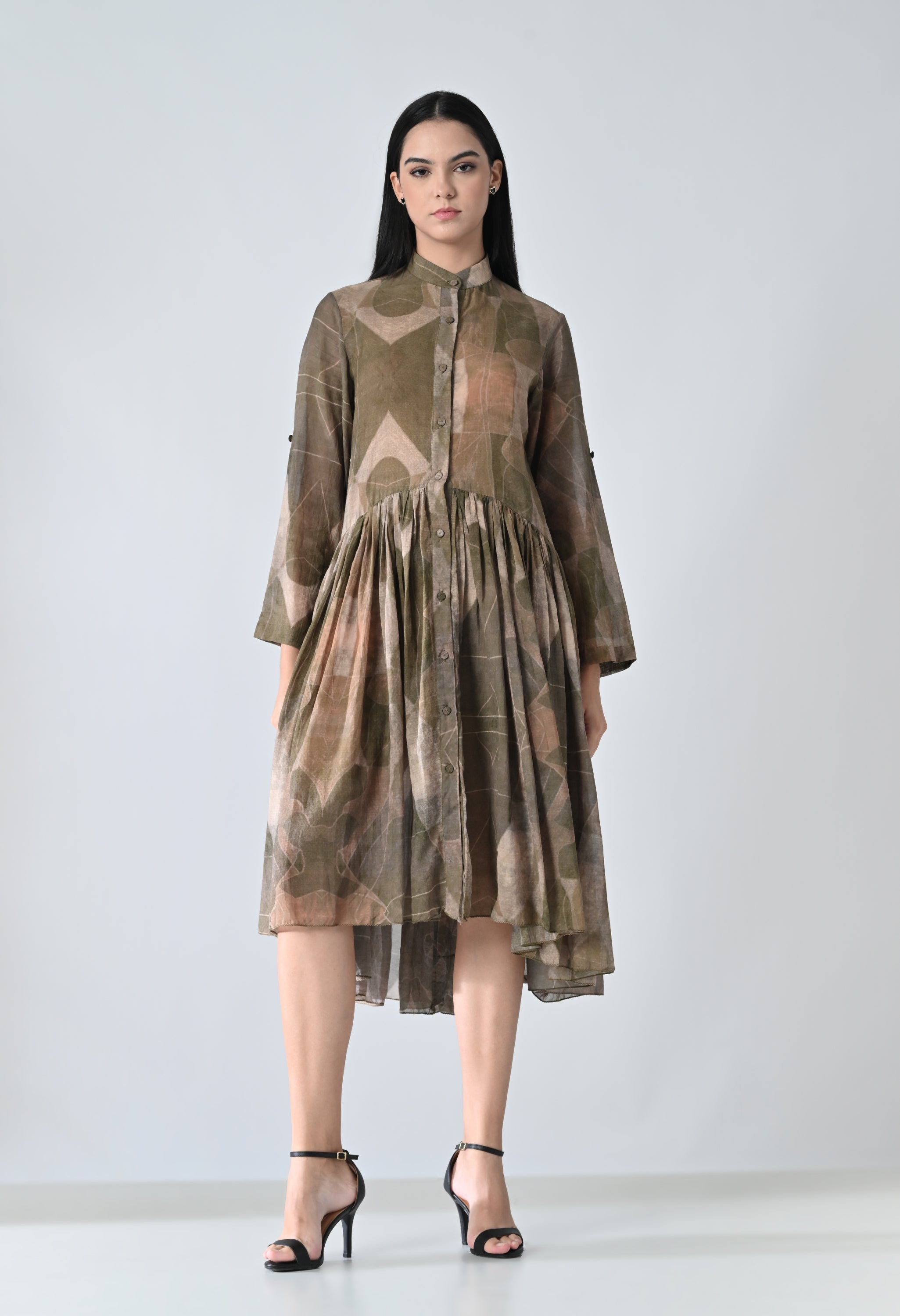 Beige Earth Muse Gathered Waistline Printed Dress