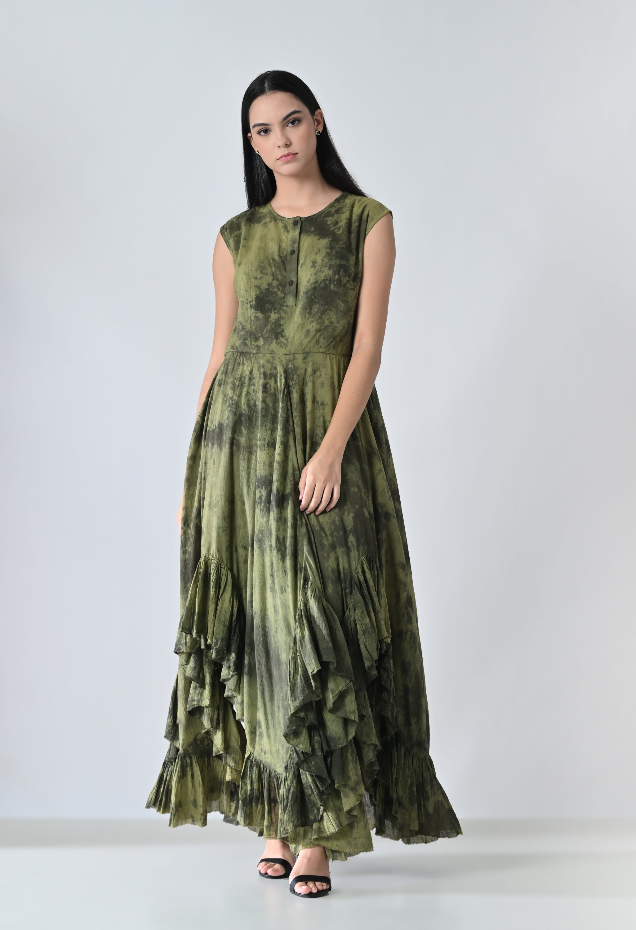 Olive Moss Garden Printed Layered Dress
