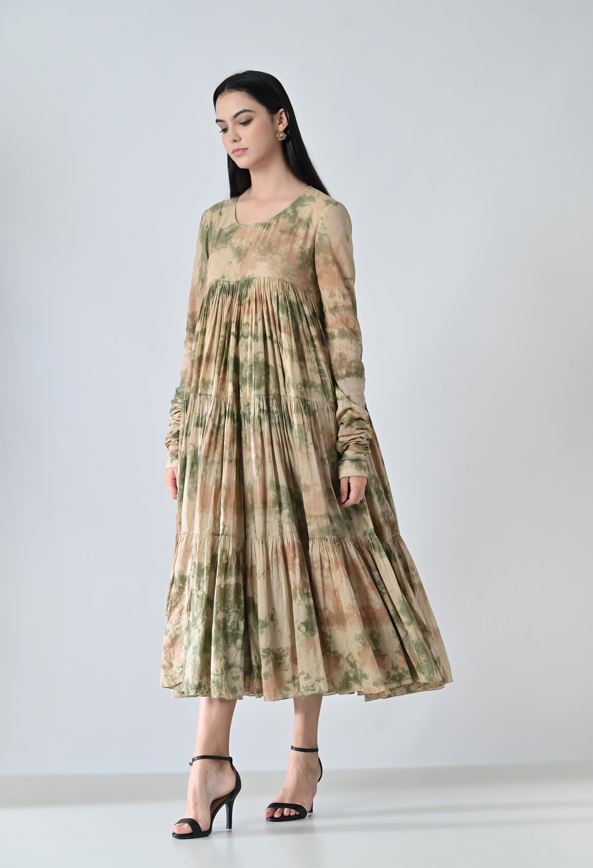Beige Mist Printed Tiered Midi Dress