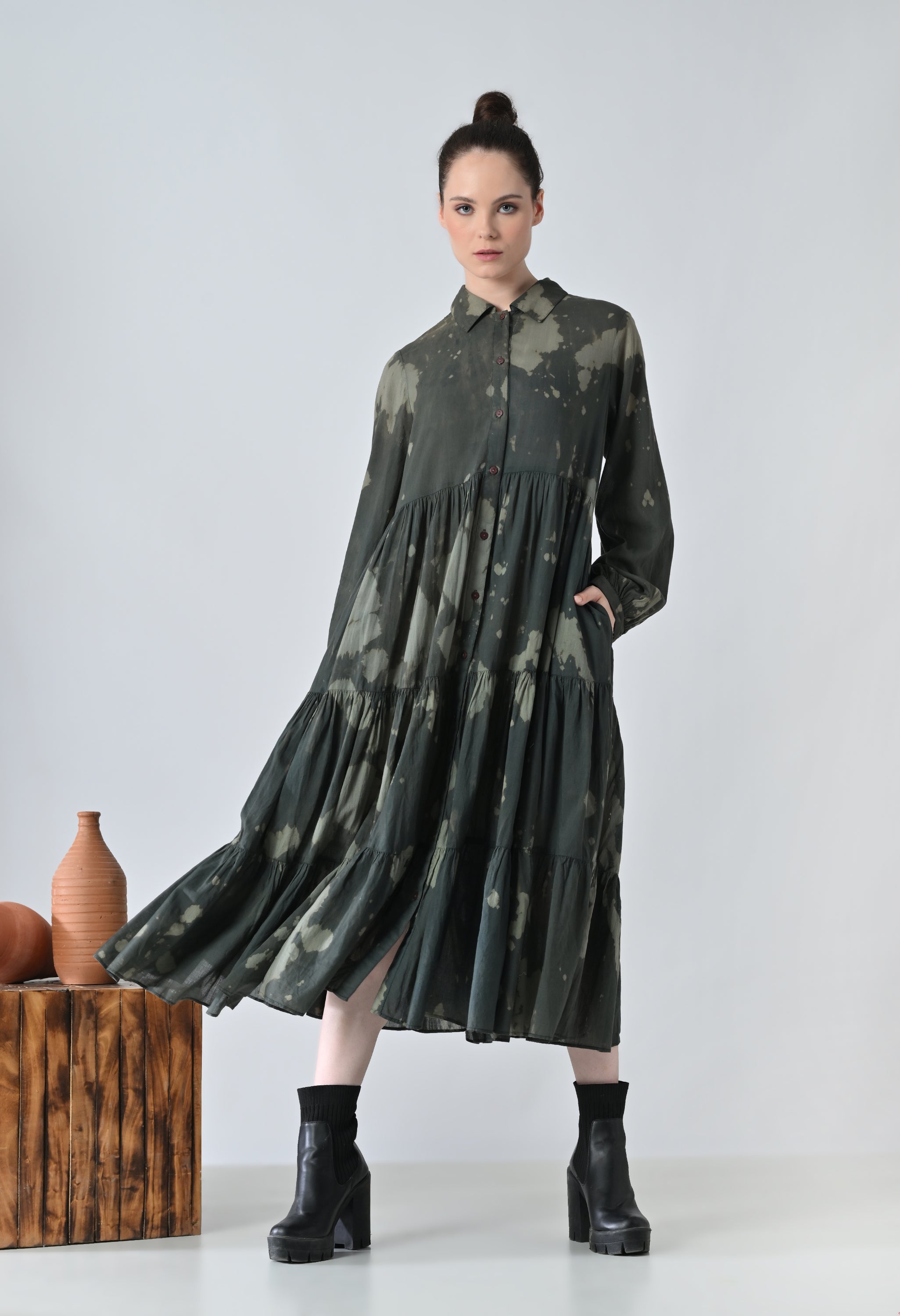 Forest Green Printed Tiered Shirt Dress