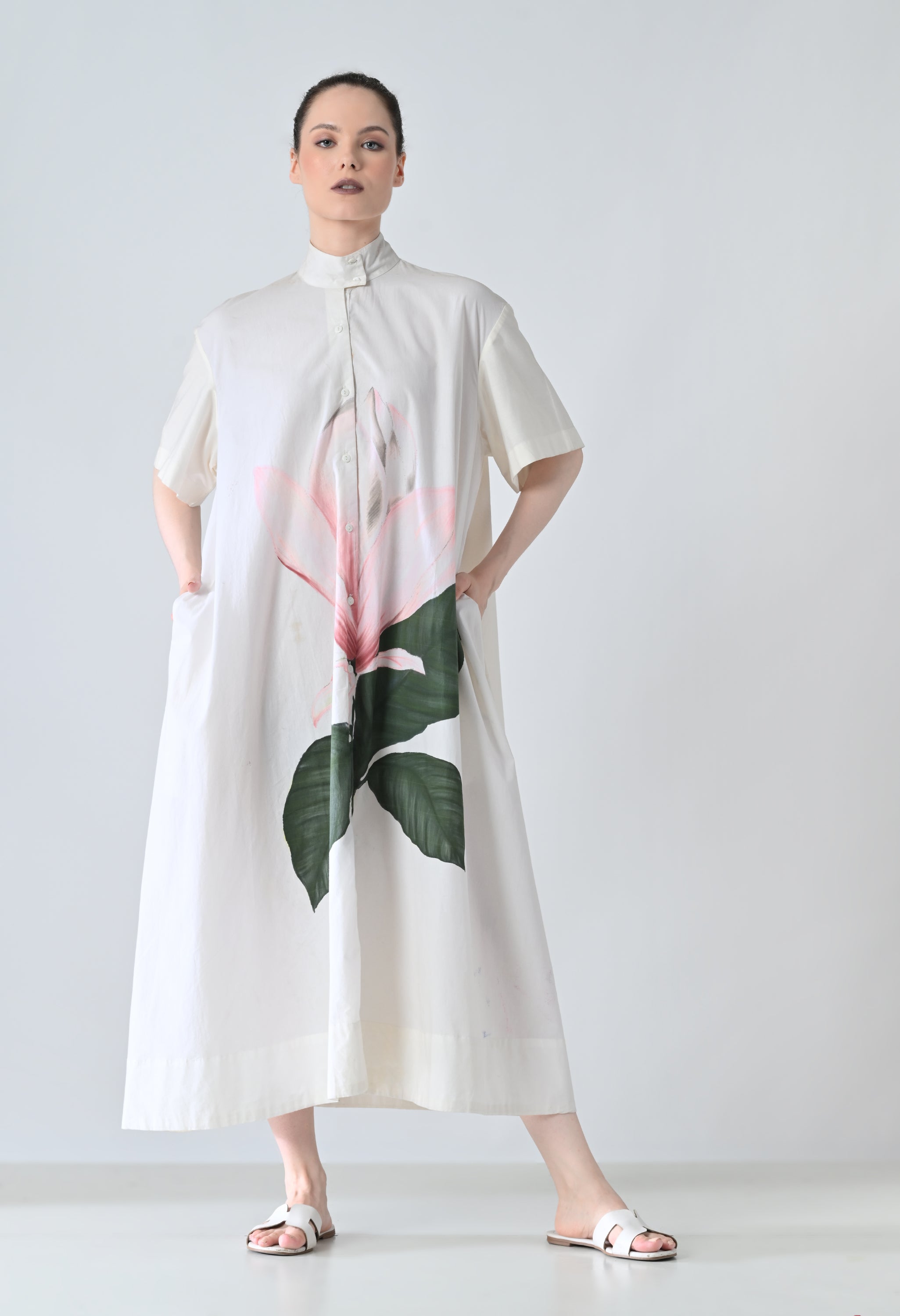 Ivory Blossom Printed Statement Shirt Dress