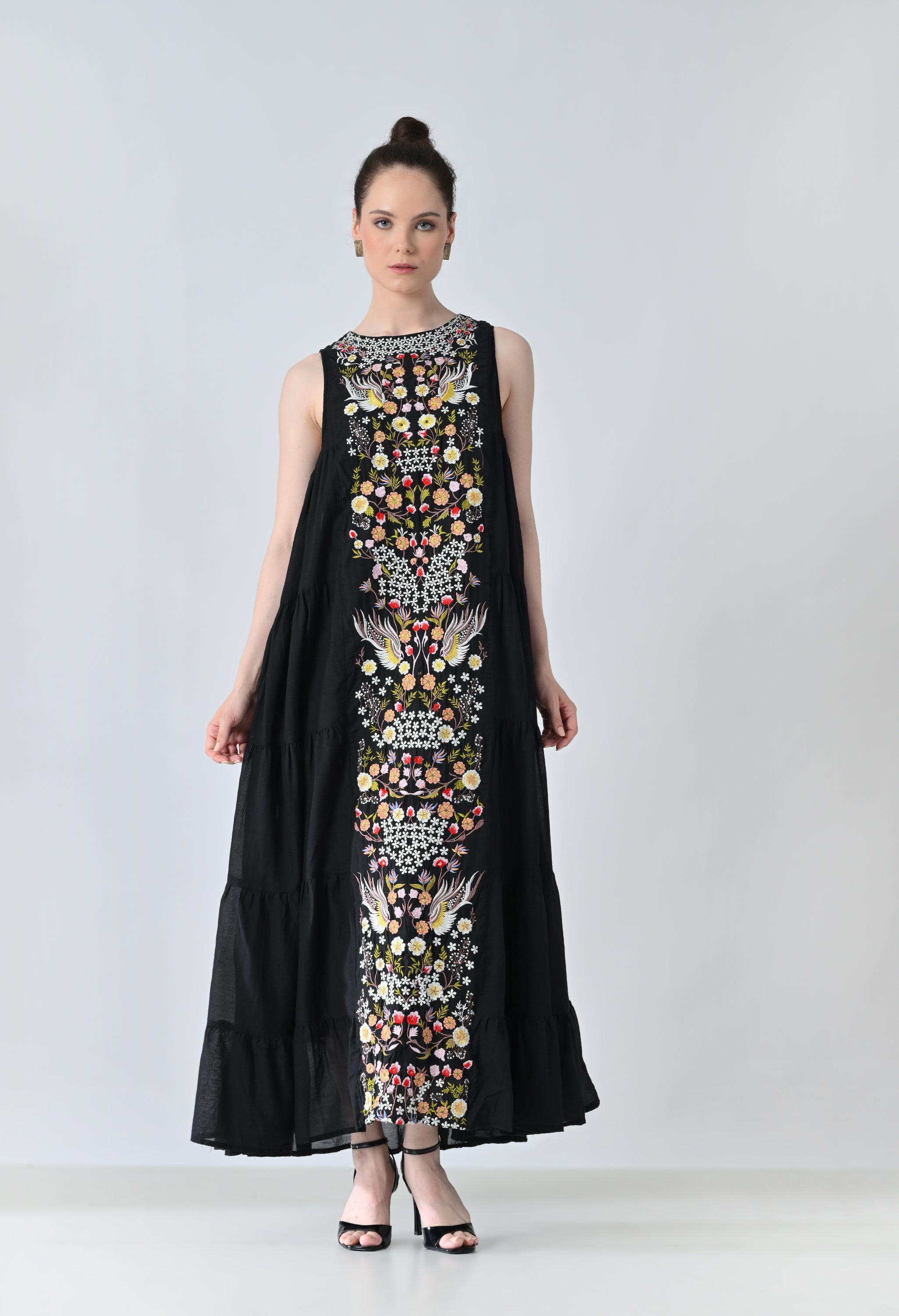 Black Embroidered Tiered Long Dress