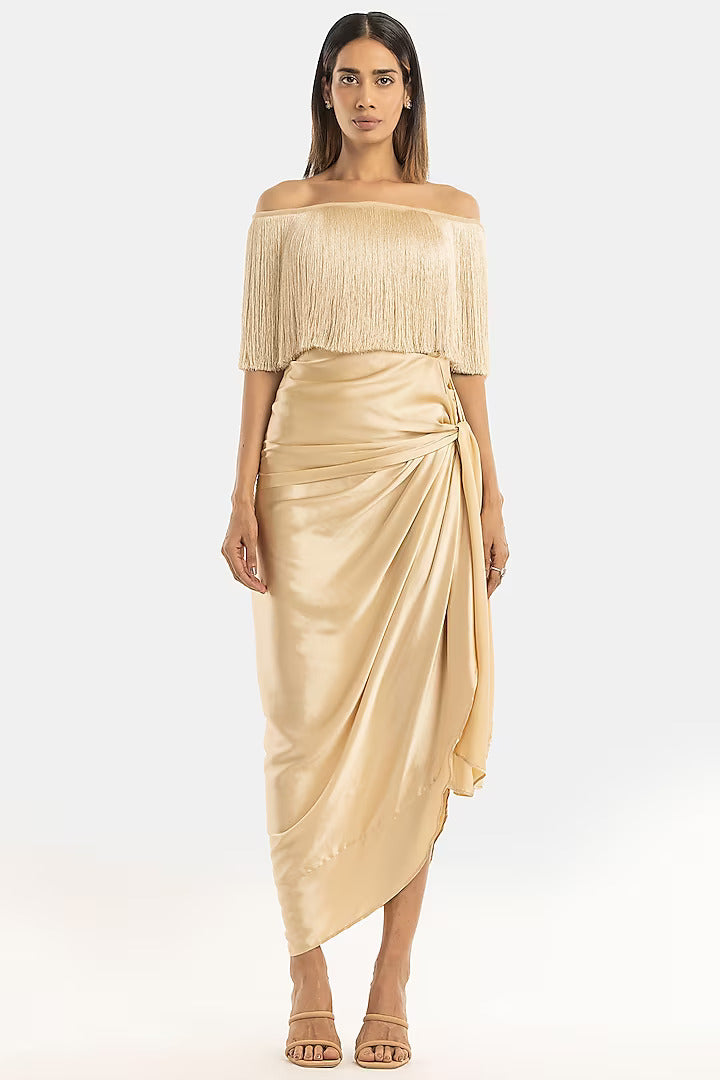 Champagne Fringe Off-Shoulder Top and Tie Up Skirt