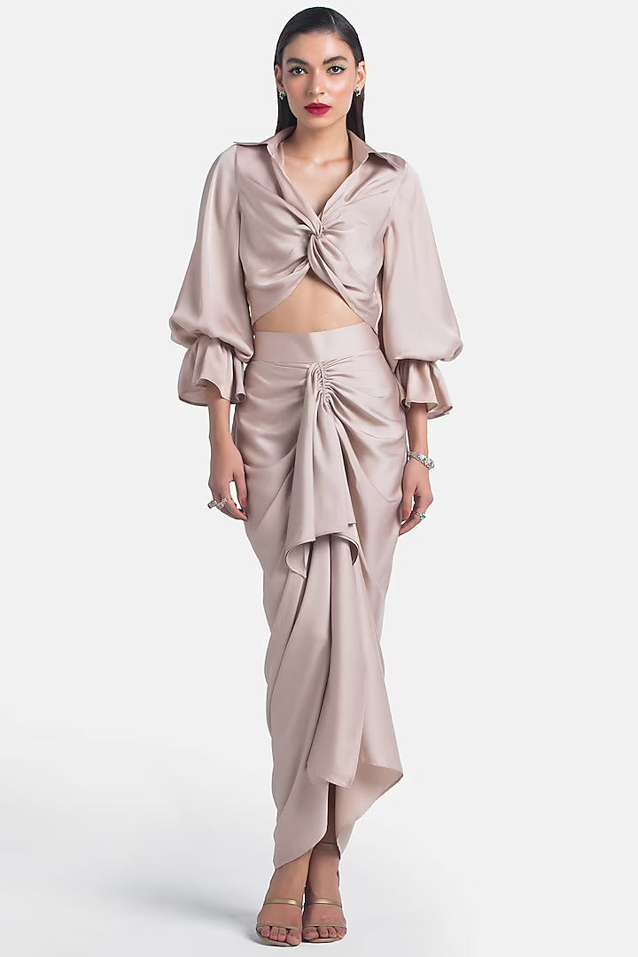 Nude Satin Sheen Draped Pencil Skirt