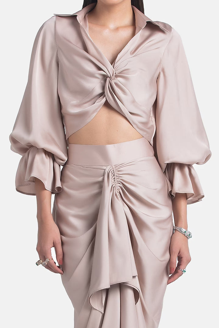 Nude Satin Sheen Draped Pencil Skirt