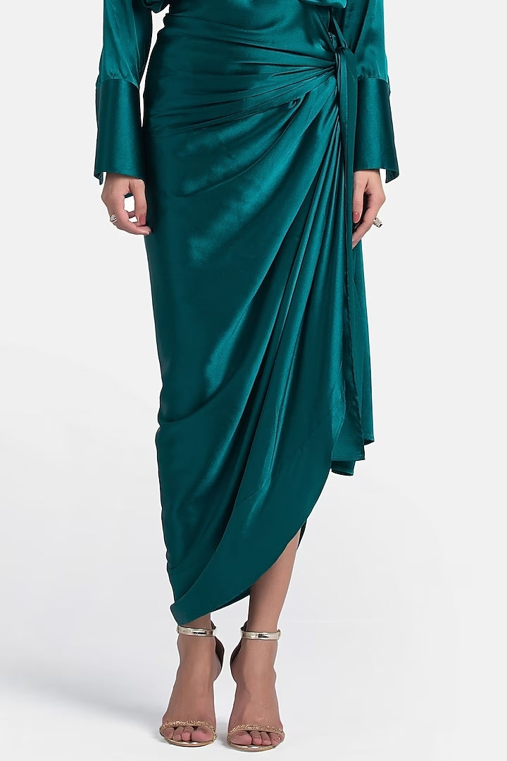 Forest Green Silk Satin Draped Skirt