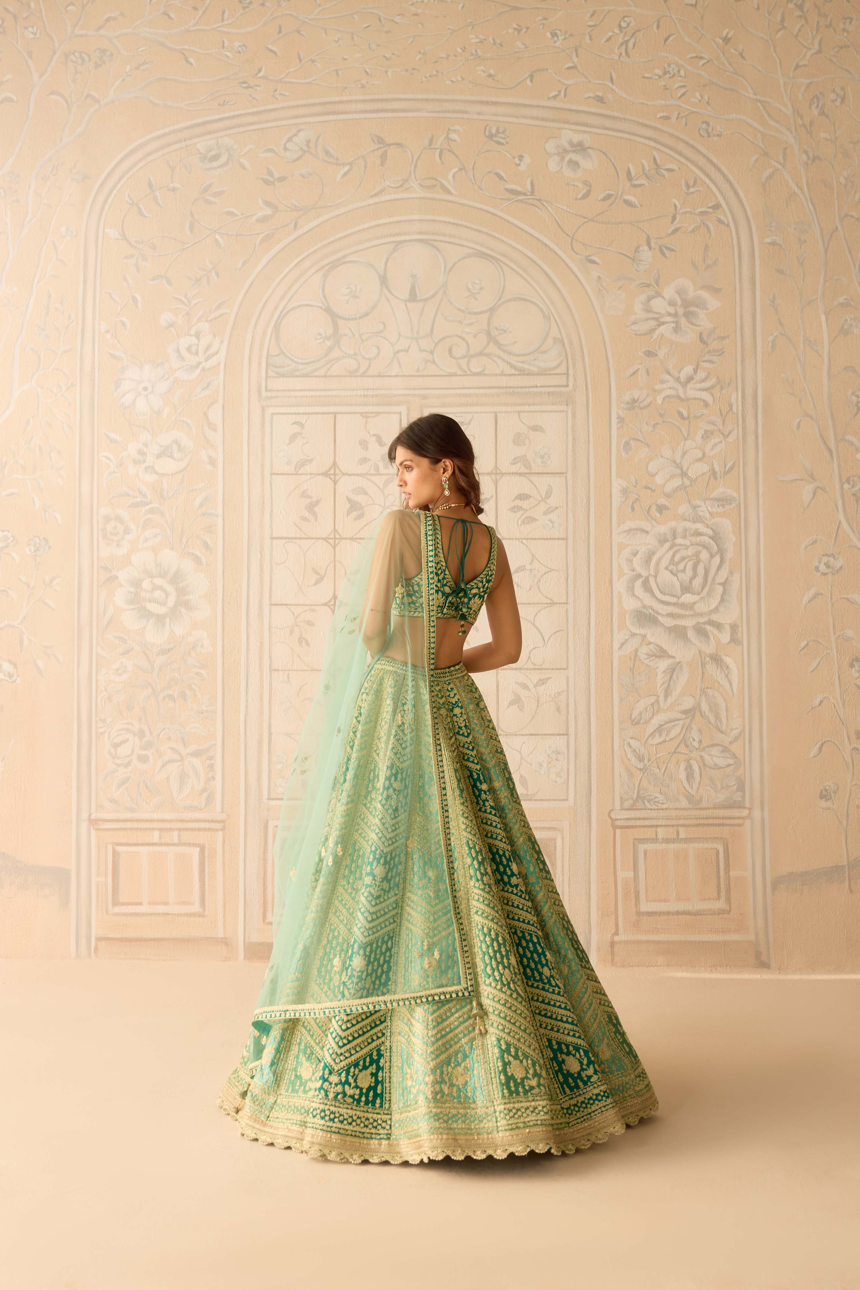 Raw silk mist teal green gold dori embroidered lehenga set with organza dupatta