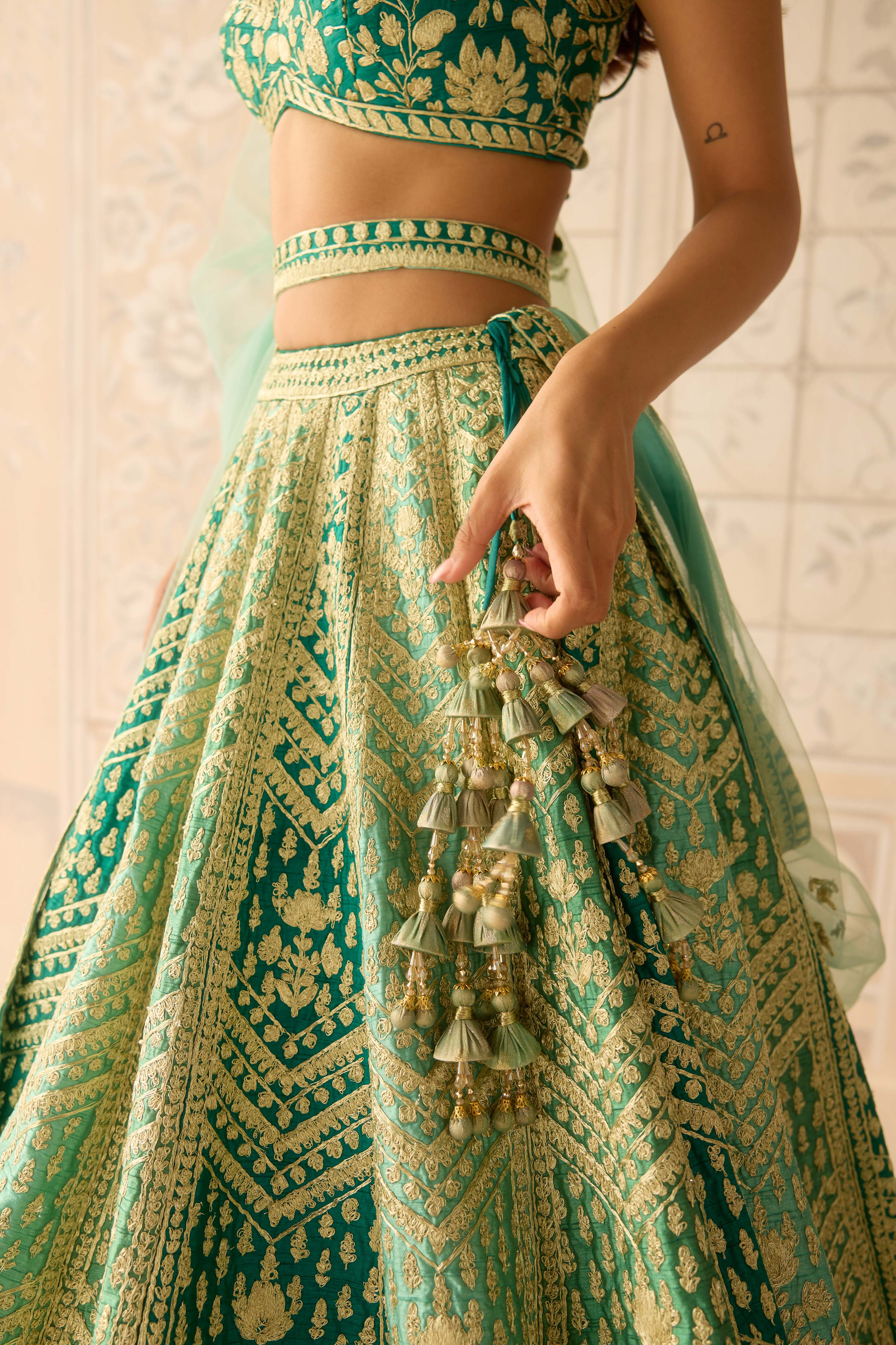 Raw silk mist teal green gold dori embroidered lehenga set with organza dupatta
